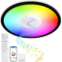 RGB LED Ceiling Light, with Bluetooth Speaker, 24W 11Inch Smart Music Ceiling Lamp with App and Remote Control, 3000K-6500K Color Changing Lights Fixture for Child Bedroom Bathroom, Black
