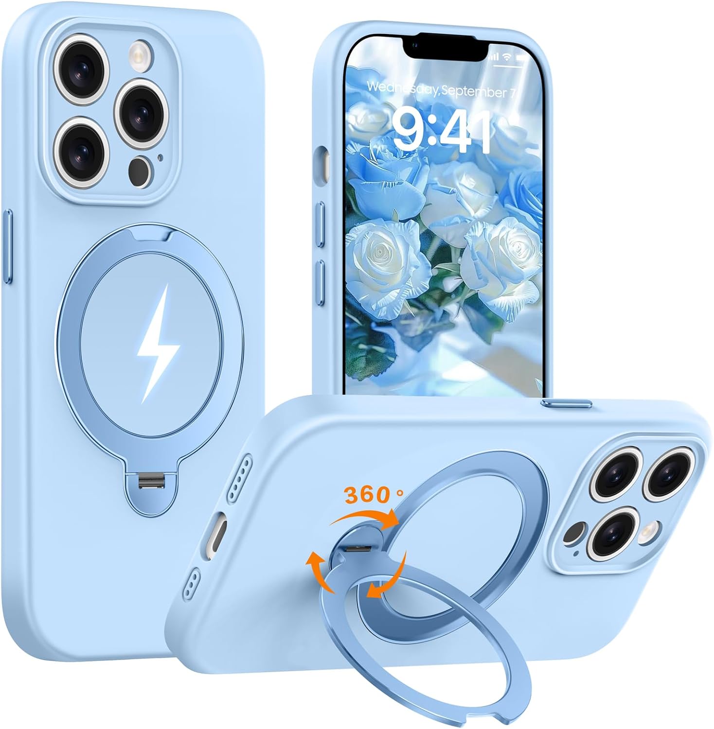 Liquid Silicone for iPhone 14 pro max Case with 360° Rotatable Magnetic Ring Stand [Compatible with Magnetic] Upgraded Camera Lens Protection, Mil-Grade Drop Shockproof (Light Blue)