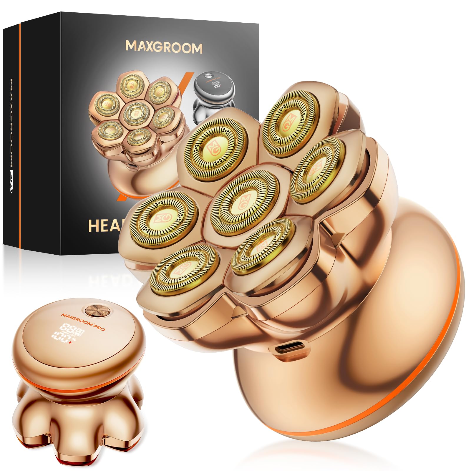 7D PRO Glatzen Rasierer Herren,MAXGROOM IPX6 Wasserdicht Kopfrasierer Glatze mit Magnetische Schwebender Kopf,1400mAh Akku Kopf Rasierer Herren,8800RPM Gold Head Shaver Men