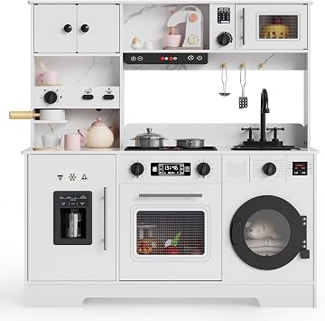 Wooden Play Kitchen for Kids, 8-in-1 Kitchen Set for Toddlers with 11 Accessories and Storage, Interactive Kitchen with Lights and Sound, Realistic Pretend Play Toys for Cooking Fun, Gift for Ages 3+
