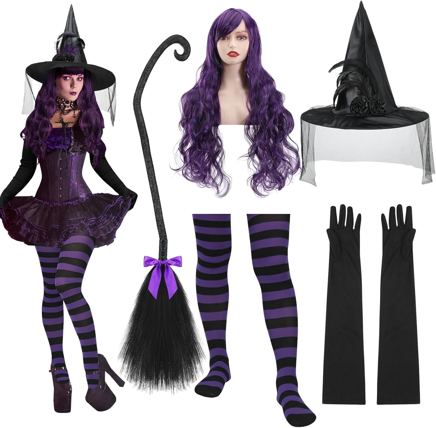 5 Pcs Halloween Witch Cosplay Costume Include 21 Inch Black Elbow Satin Gloves Black Witch Hat Witch Broomstick 28 Inch Long Curly Full Hair Wig Nylon Striped Tights for Women Party Accessory