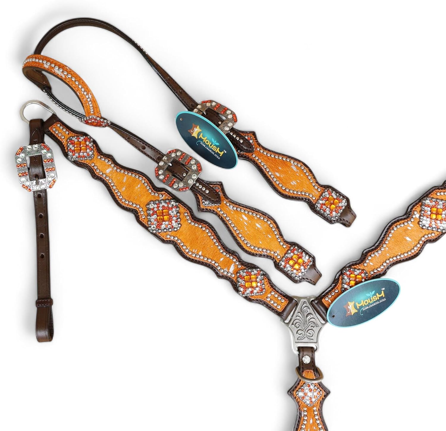 Handcrafted Western Headstall and Breast Collar Tack Set for Horse with Orange and Silver Metallic Acid Wash Cowhide Look