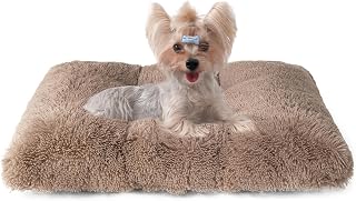 EHEYCIGA Fluffy Dog Crate Bed for Small Dogs, Plush Faux Fur Crate Pad, Calming Anti Anxiety Small Dog Bed, Washable Soft Warm Mat with Non-Slip Bottom, Camel