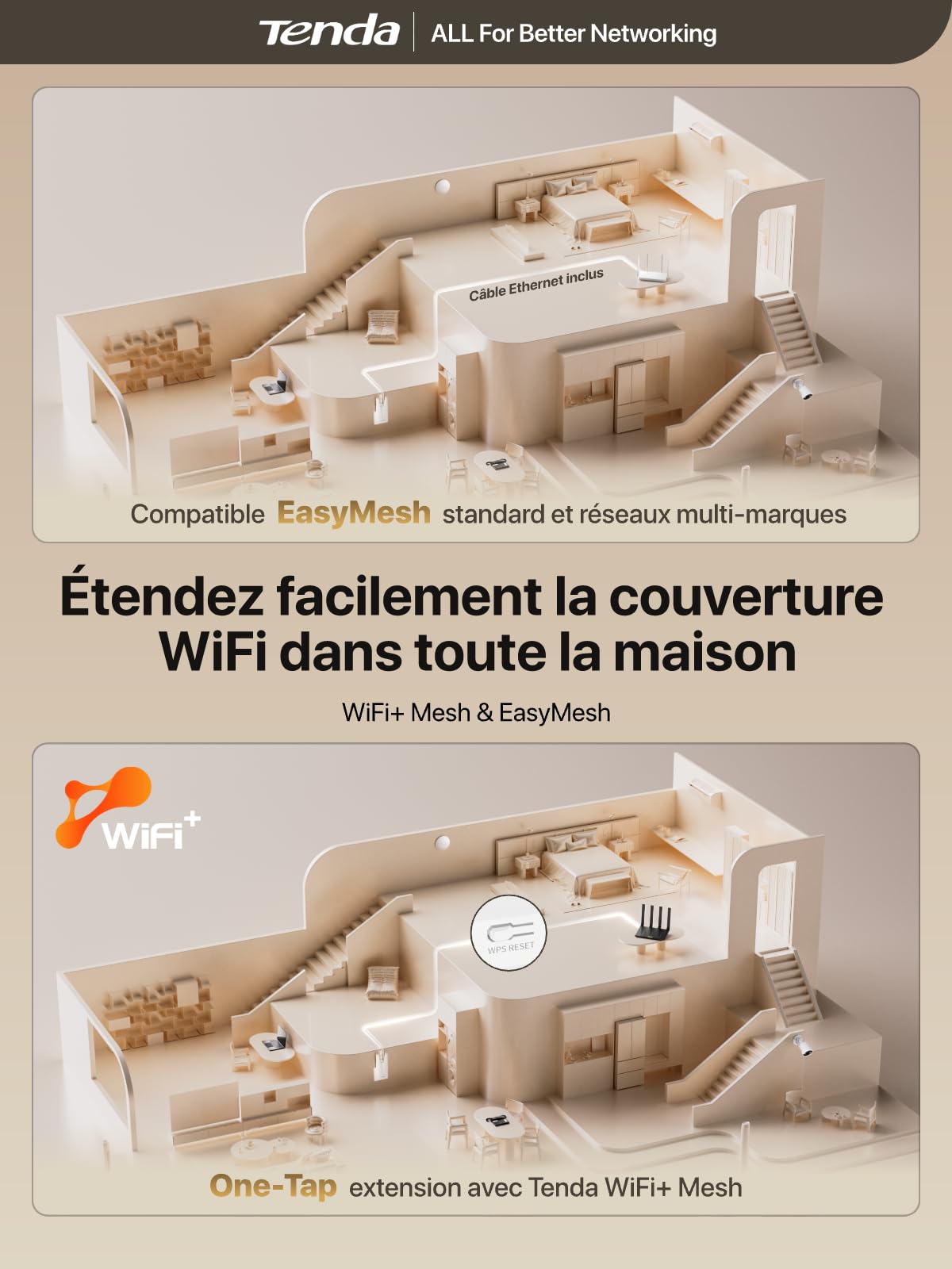 Tenda A33 Répéteur WiFi 6 AX3000, Repeteur WiFi Puissant sans Fil Dual Band, WiFi Extender EasyMesh avec Port Gigabit, Amplificateur WiFi pour Grande Maison, Streaming 4K, Gaming et Télétravail
