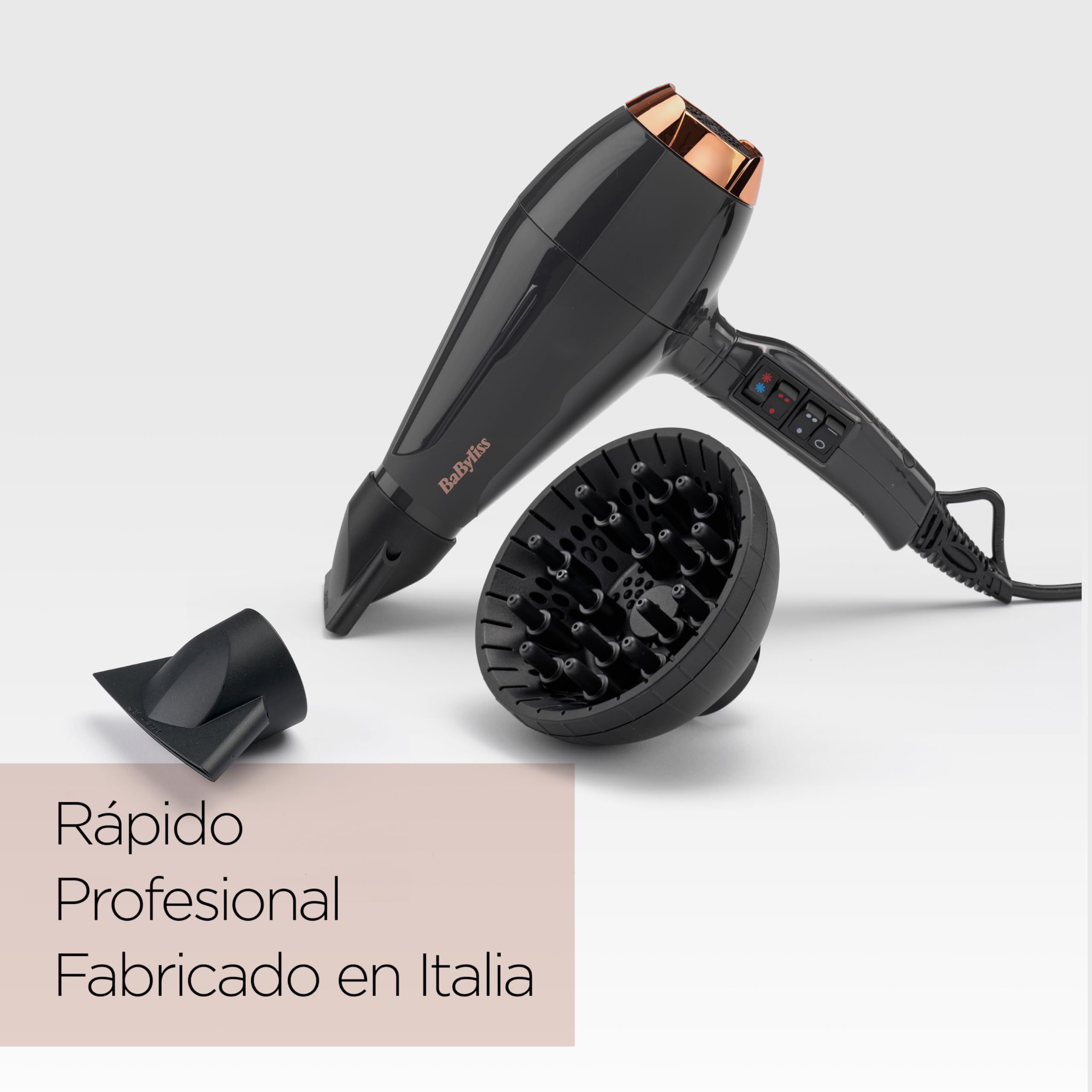 BaByliss Secador de pelo Italian Air Pro con Difusor - Motor AC Profesional, Alta potencia 2200 W, Tecnología iónica antiencrespamiento, 2 temperaturas y 2 velocidades, Made In Italy, Negro, 6719DE