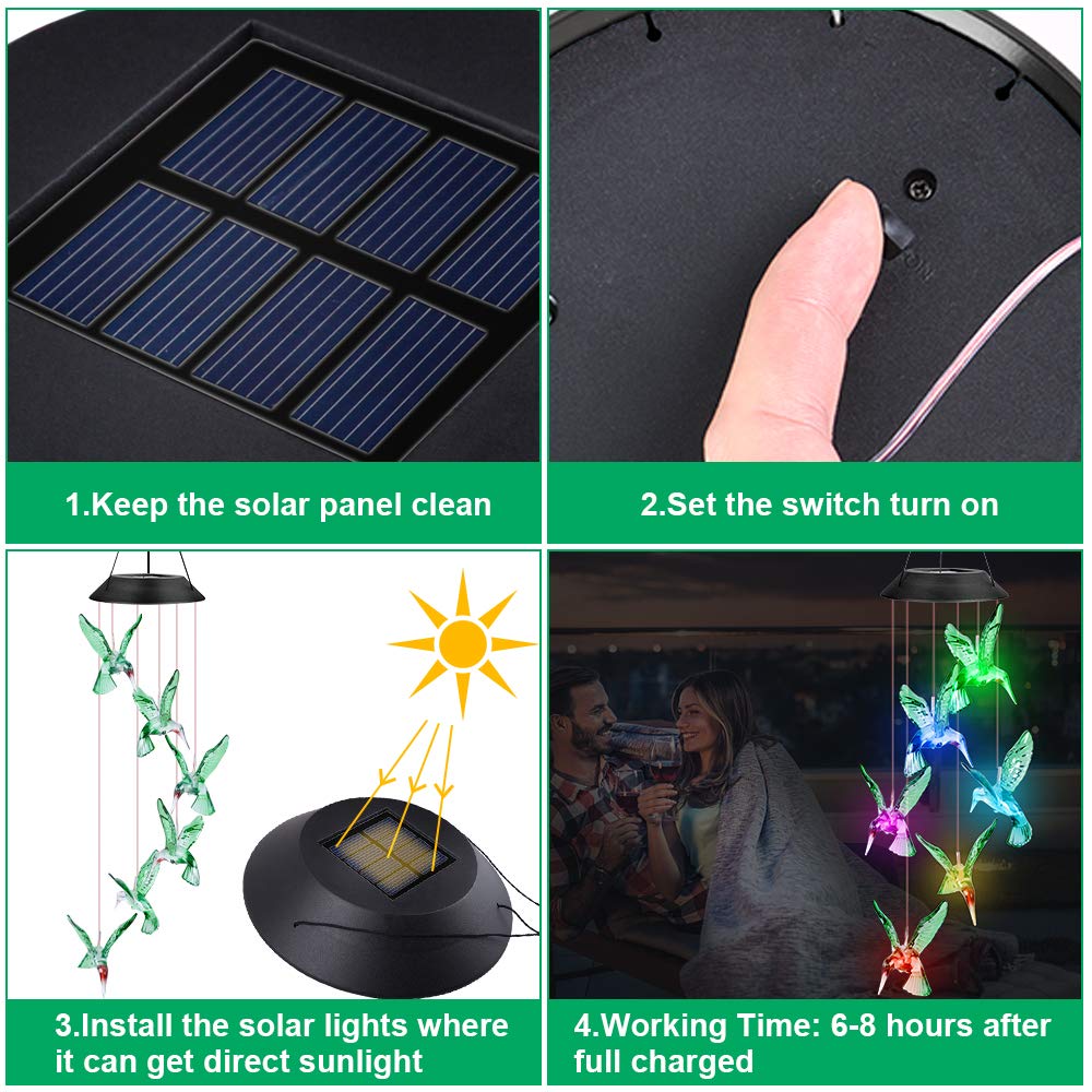 Koliber dzwonki wietrzne, dzwonki wiatrowe, zmieniające kolory, lampa LED, wodoodporna, solarna, dzwonek do wnętrz, na zewnątrz, do ogrodu, patio, werandy, tarasu, podwórka, imprezy