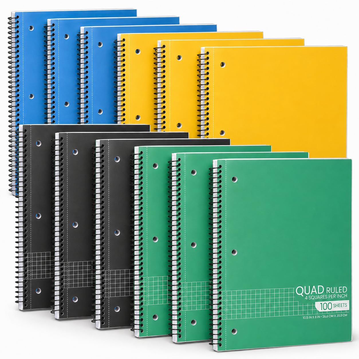 Cuaderno de papel cuadriculado en espiral, cuaderno de papel cuadriculado, cuadrícula cuadriculada, páginas perforadas, 10.5 x 8 pulgadas, cuaderno de 1 materia encuadernado con alambre, colores