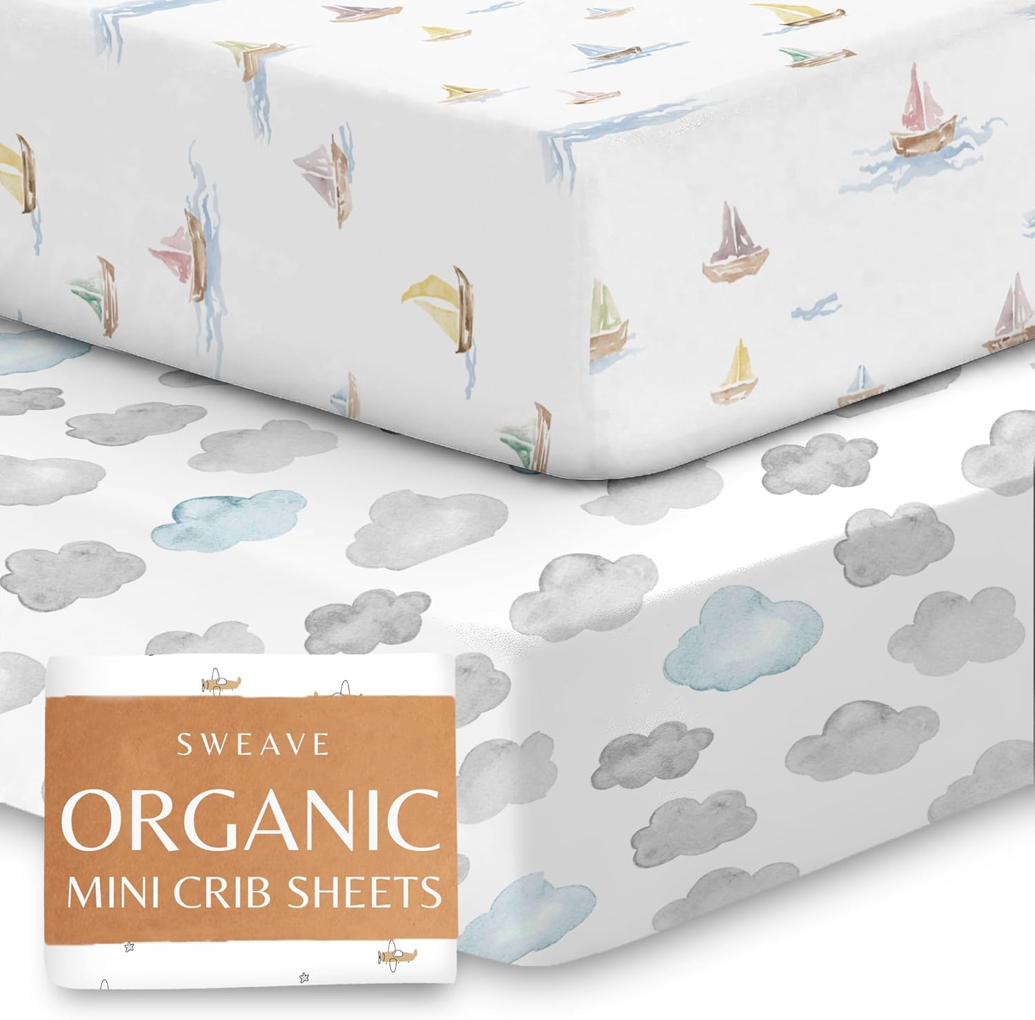 Sweave Organic Mini Crib Sheets (2 Pack) 100 GOTS Certified Organic Cotton