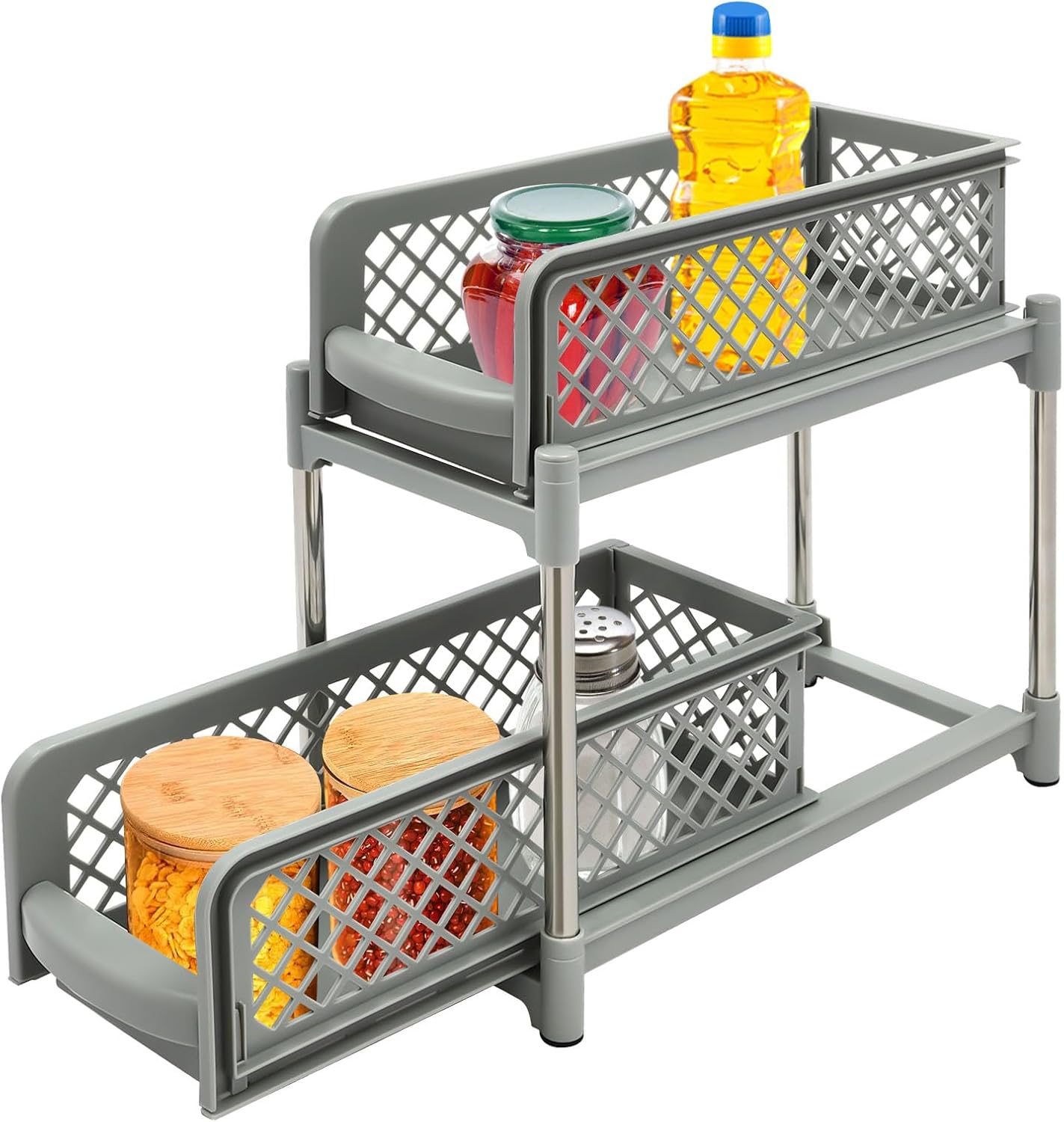 Under Sink Organizer, 2 Tier Under Cabinet Storage Organizer Pull Out Organizer Shelf Stackable Sliding Basket Organizer Drawer for Bathroom Kitchen Organizer,Space Saving (Grey, Small)