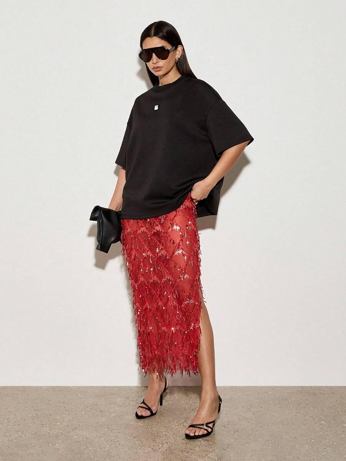 Unybwonn Women's Sequin Maxi Skirts Sheer Fringe Glitter Tassel Sparkly Party Club Elegant Cover up Pencil Long Skirt