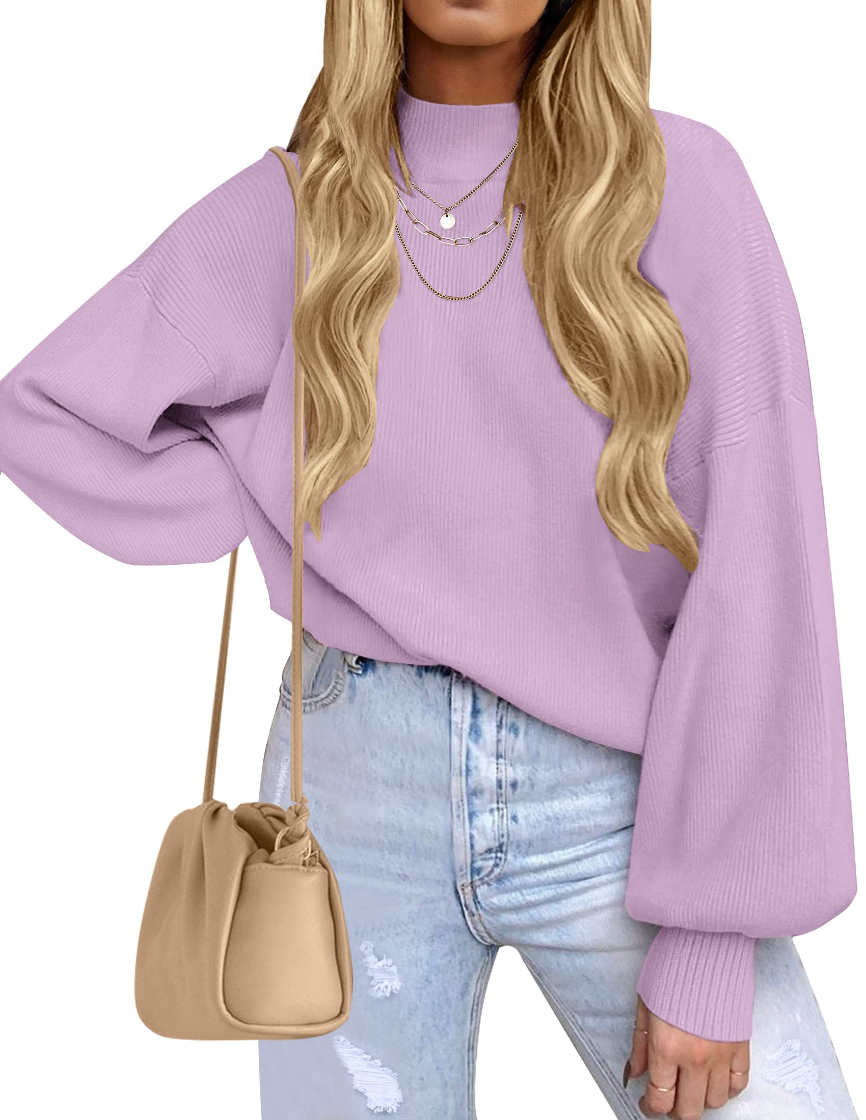 ZESICAWomen's Casual Turtleneck Long Lantern Sleeve Fall 2025 Oversized Ribbed Knit Pullover Sweater Jumper Top