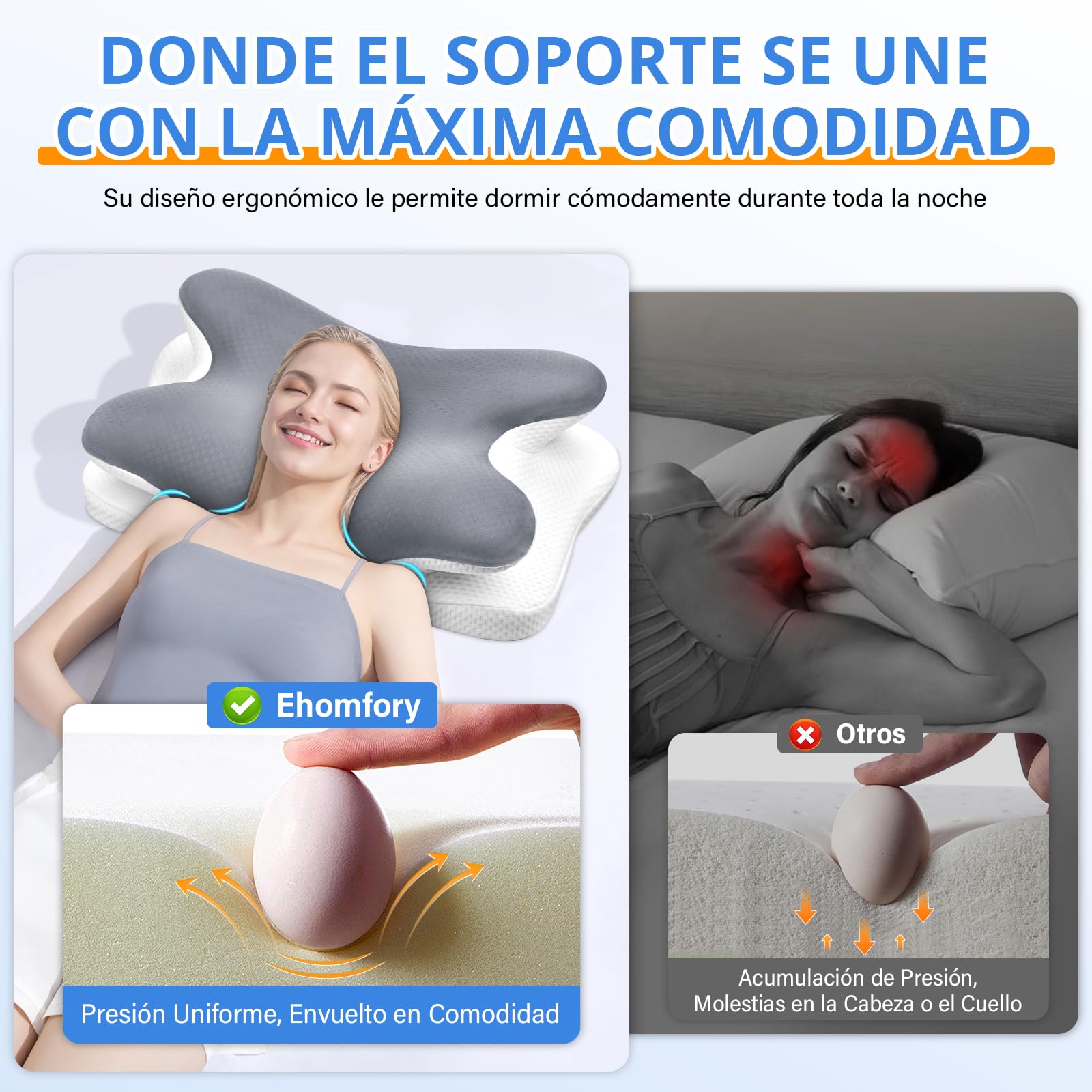 Ehomfory Almohada Cervicales y Cuello，Almohada Cervical de Espuma Viscoelástica, 2 en 1 Almohada Ergonómica para Dormir de Lado, Boca Arriba y Boca Abajo, 67x37x9/12 CM
