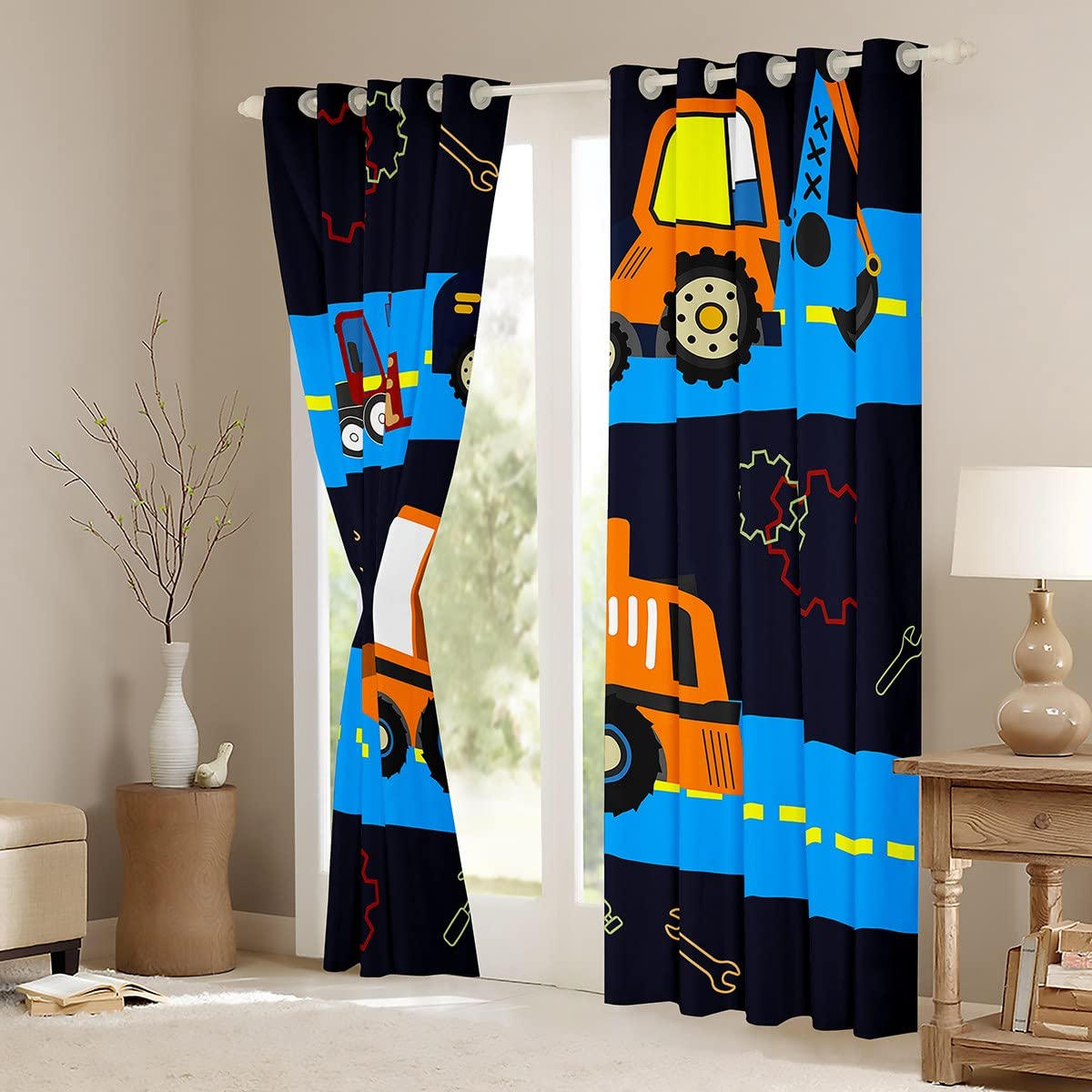 Cortinas de Ventana de construcción para niños, para Dormitorio, Sala de Estar, maquinaria de niños, Cortinas de Ventana de camión, Sitio de construcción, Cortinas de vehículo de Coche, excavadoras,