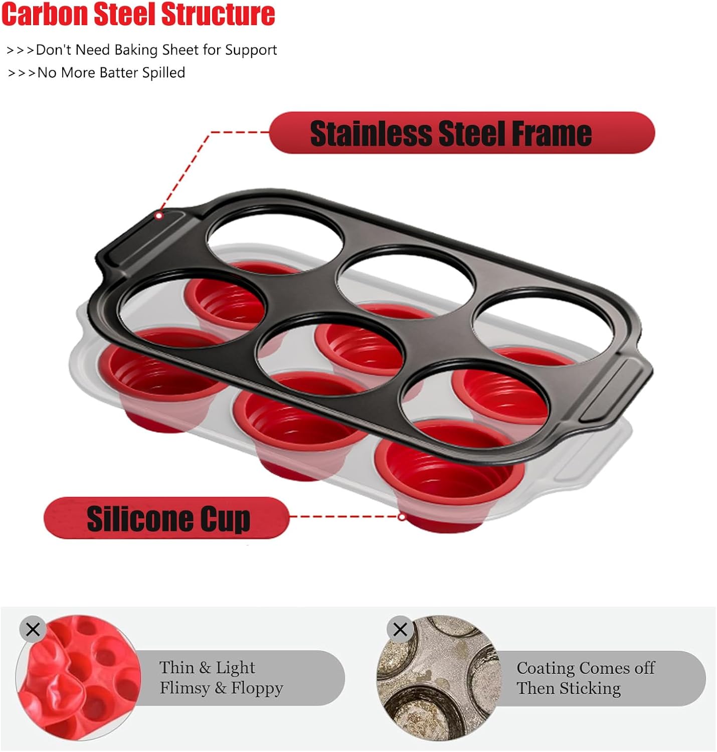 Silicone Muffin Pan, 6-Cup Nonstick Silicone Muffin Pans for Baking, Food-Grade Cupcake Pan for Oven, Microwave, Dishwasher Safe, BPA-Free Silicone Baking Mold for Muffins, Cupcakes, Egg Muffins