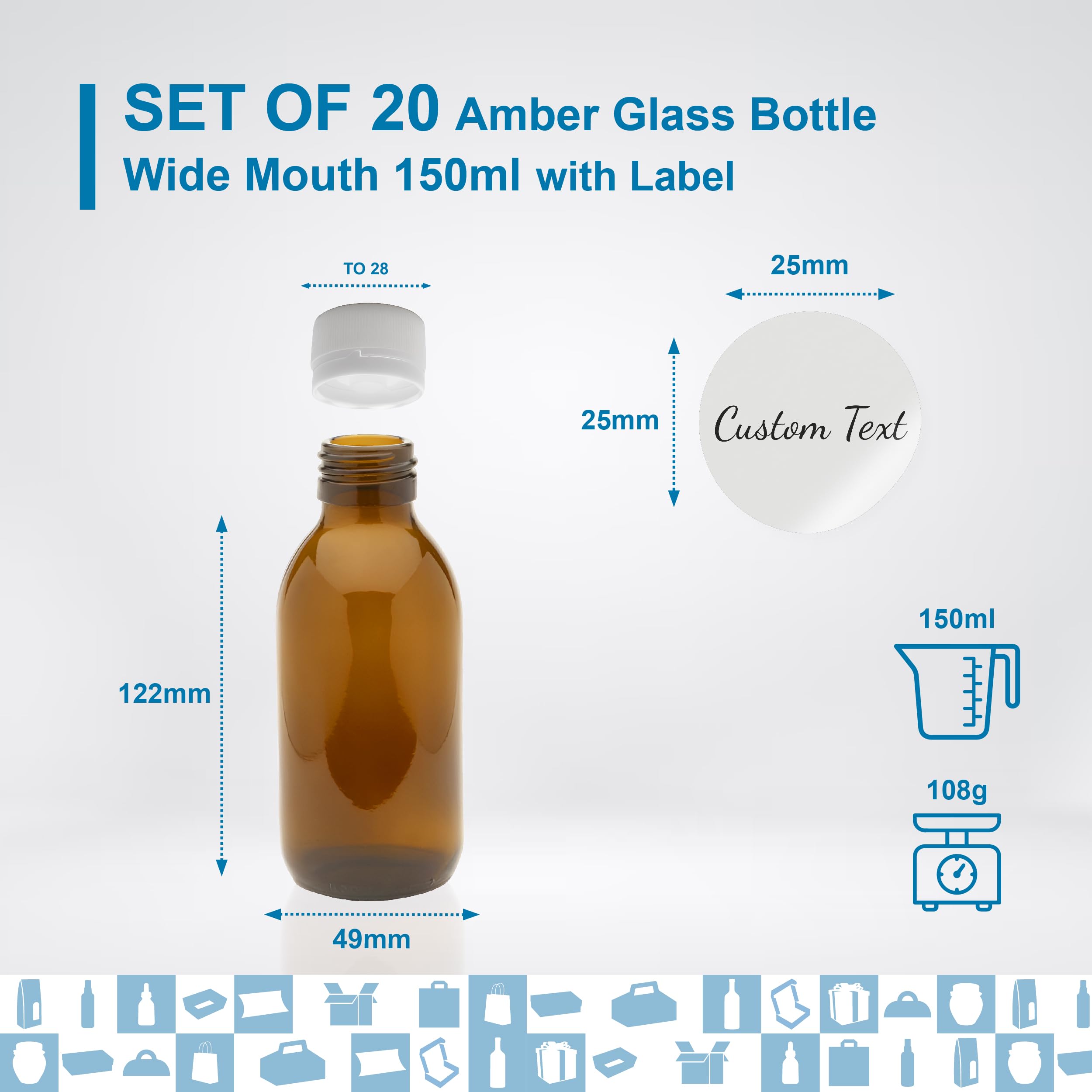 20 flaconi vuoti in vetro ambrato da 150 ml con coperchio in plastica + 20 etichette di adesivi personalizzate, flacone per oli essenziali, cosmetici, laboratorio, medicinali