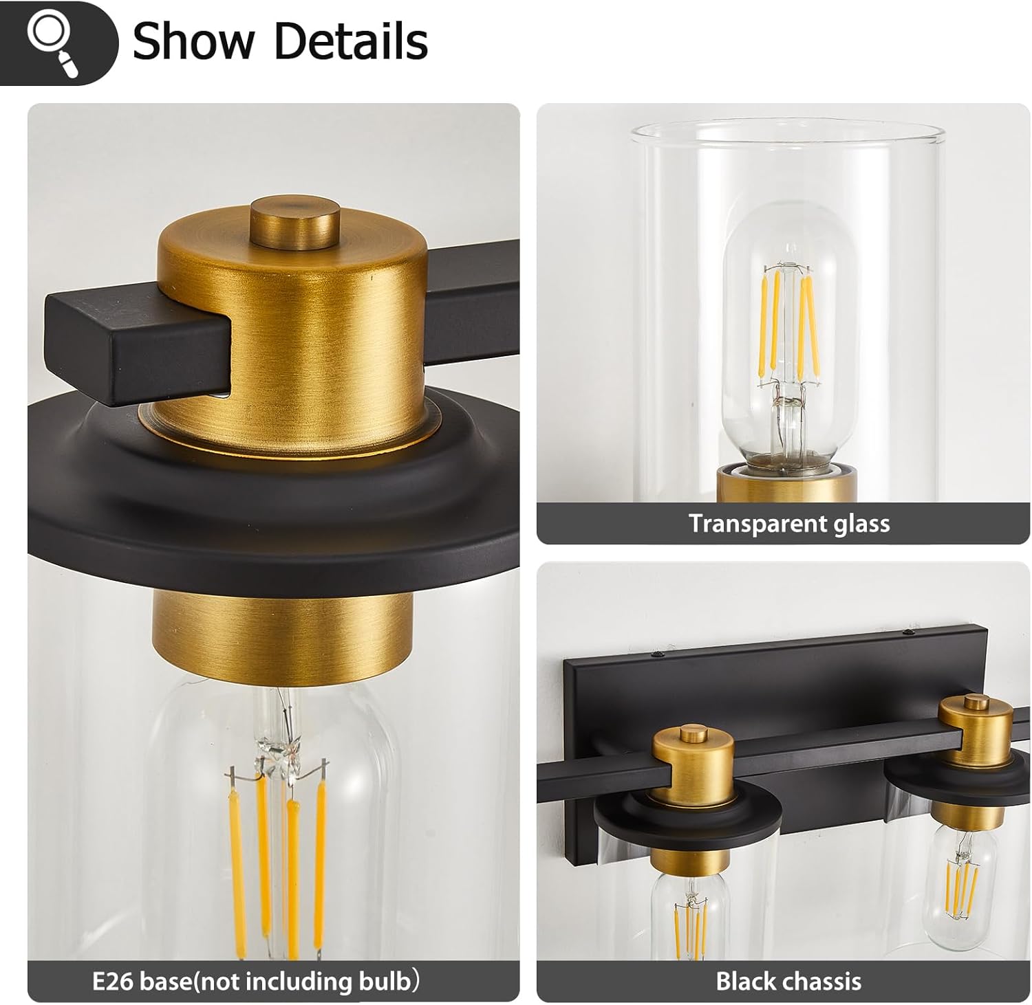 Bathroom Vanity Light, 6 Light Black and Gold Bathroom Light Fixtures, Sconces Wall Lighting with Clear Glass Shade, Modern Brushed Gold Vanity Lighting fixtures for Bathroom, Bedroom, Hallway