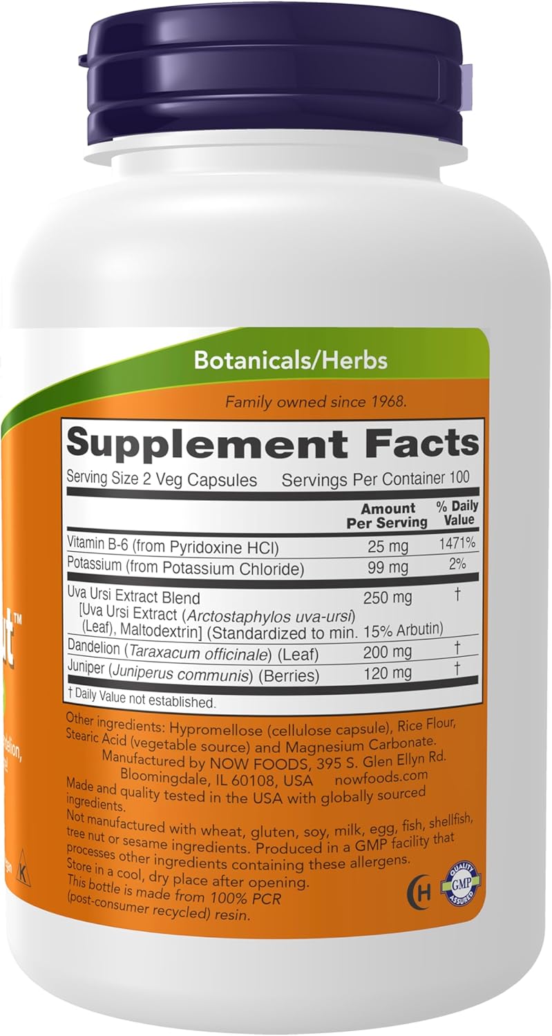 Now Supplements, Water Out with Standardized Uva Ursi, Dandelion, Potassium and Vitamin B-6, 200 Veg Capsules
