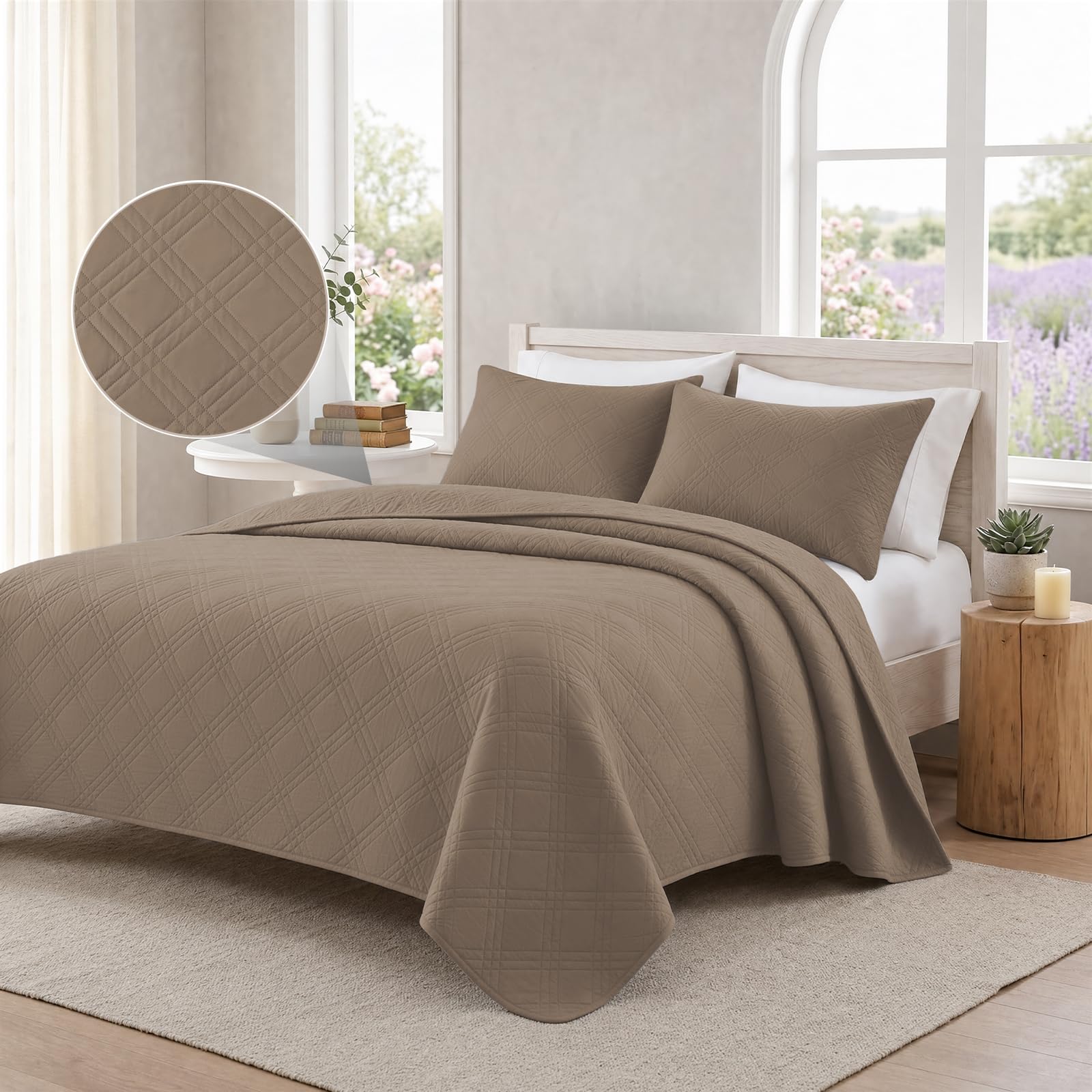 Colcha para cama de 160x260cm de microfibra en color marrón claro para verano