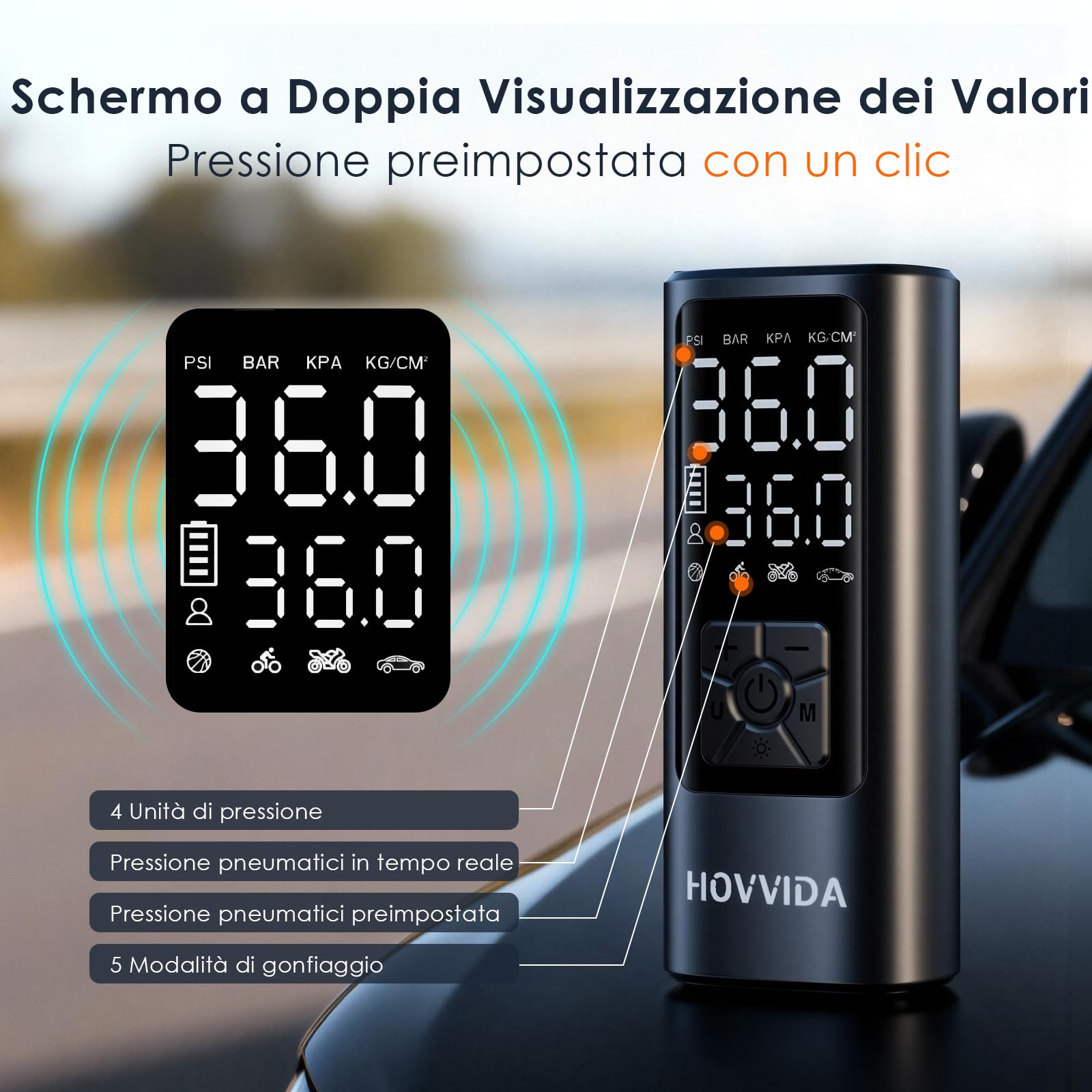 HOVVIDA Compressore Aria Portatile, Compressore Portatile, Compressore Portatile Moto, 150 PSI (10,3 Bar) 5V, Inflazione Rapida, Spegnimento Automatico, LED, per Auto, Moto, Bicicletta, Palla
