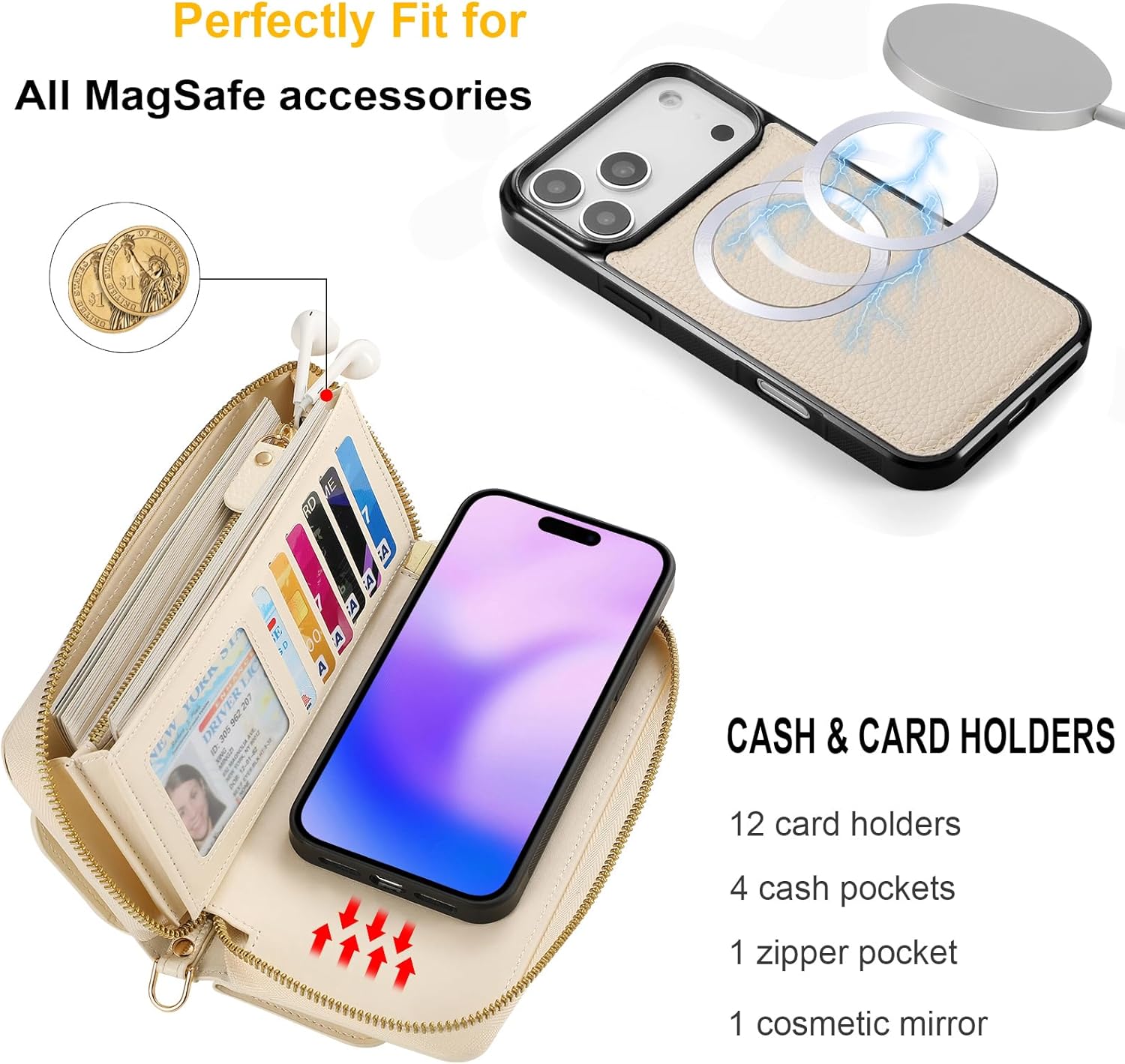 Crossbody Wallet Case for iPhone 17 Pro 6.3", Magnetic Detachable PU Leather Case with RFID Blocking Card Holder, Wristlet & Shoulder Strap, Flip Zipper Clutch Purse for Women - White - Image 3