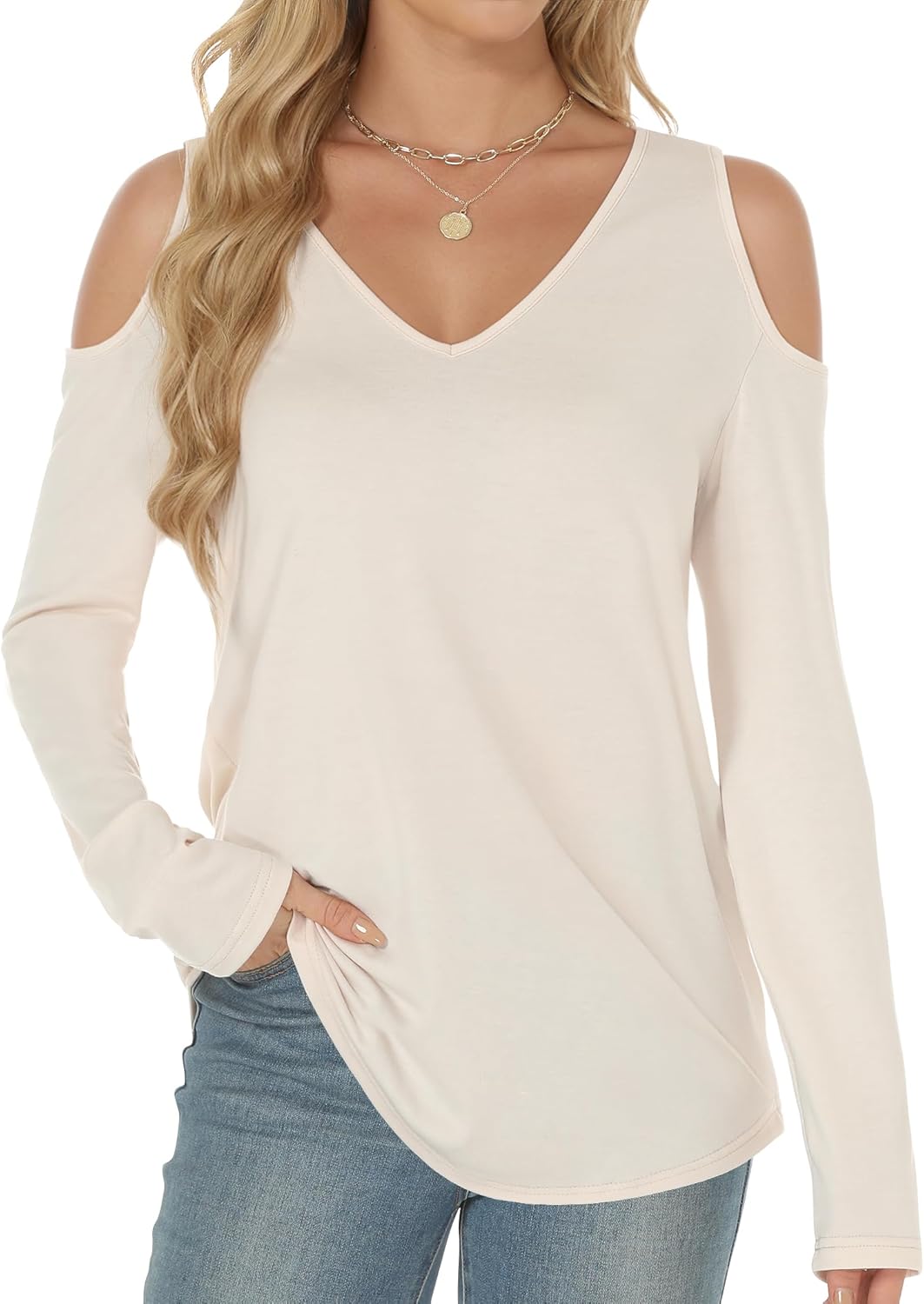 Buauty Womens V Neck Cold Shoulder Tops Long Sleeve T Shirts Loose Basic Tops Sexy Casual Blouses 2026 Trendy Tshirt