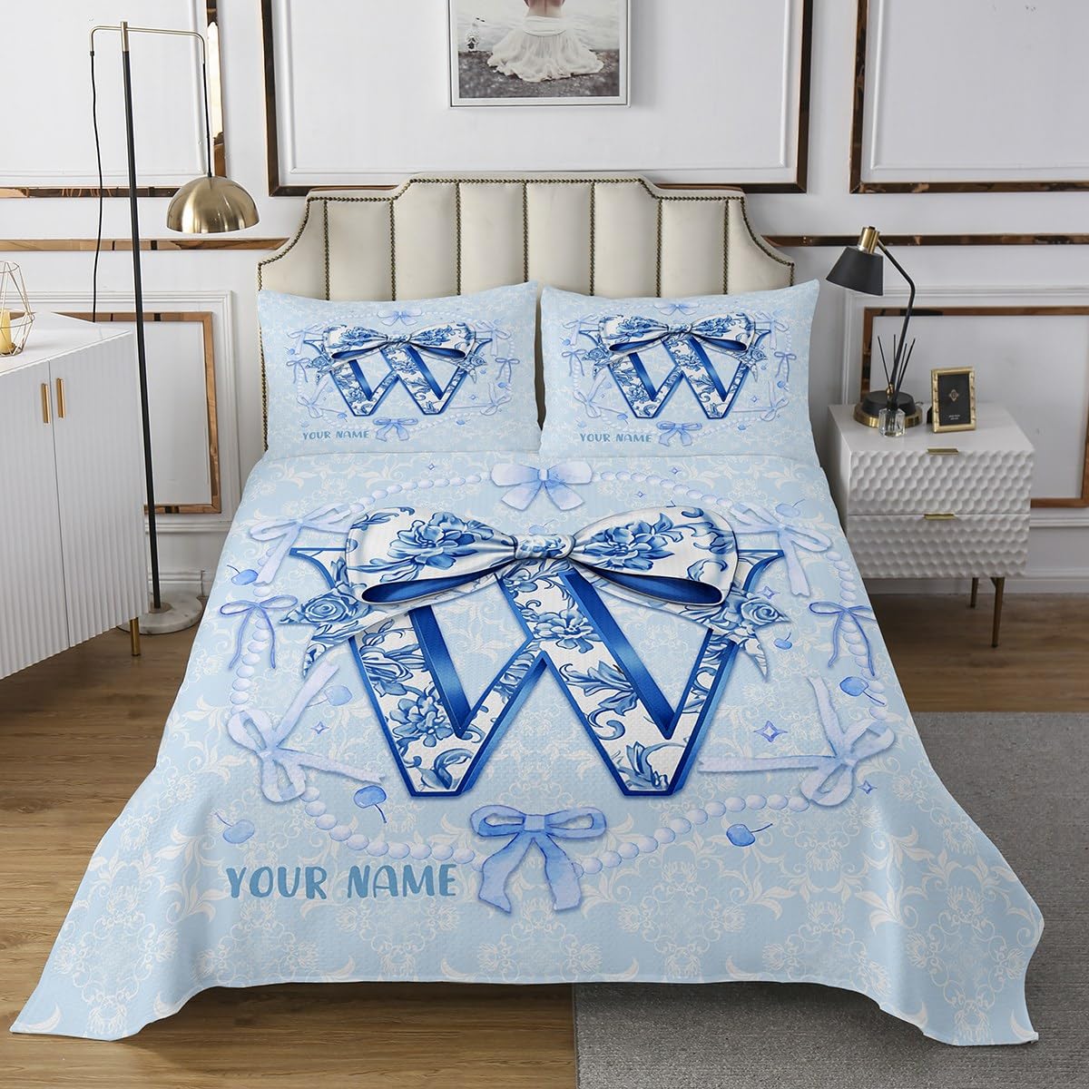 Erosebridal Customized Blue Floral Bow Bedspread Set King 3D Coquette Alphabet Initial W Coverlet Set Set for Kids Teens Girls Princess Preppy Bowknot Bed Sets Watercolor Aesthetic Blue Decor(W)