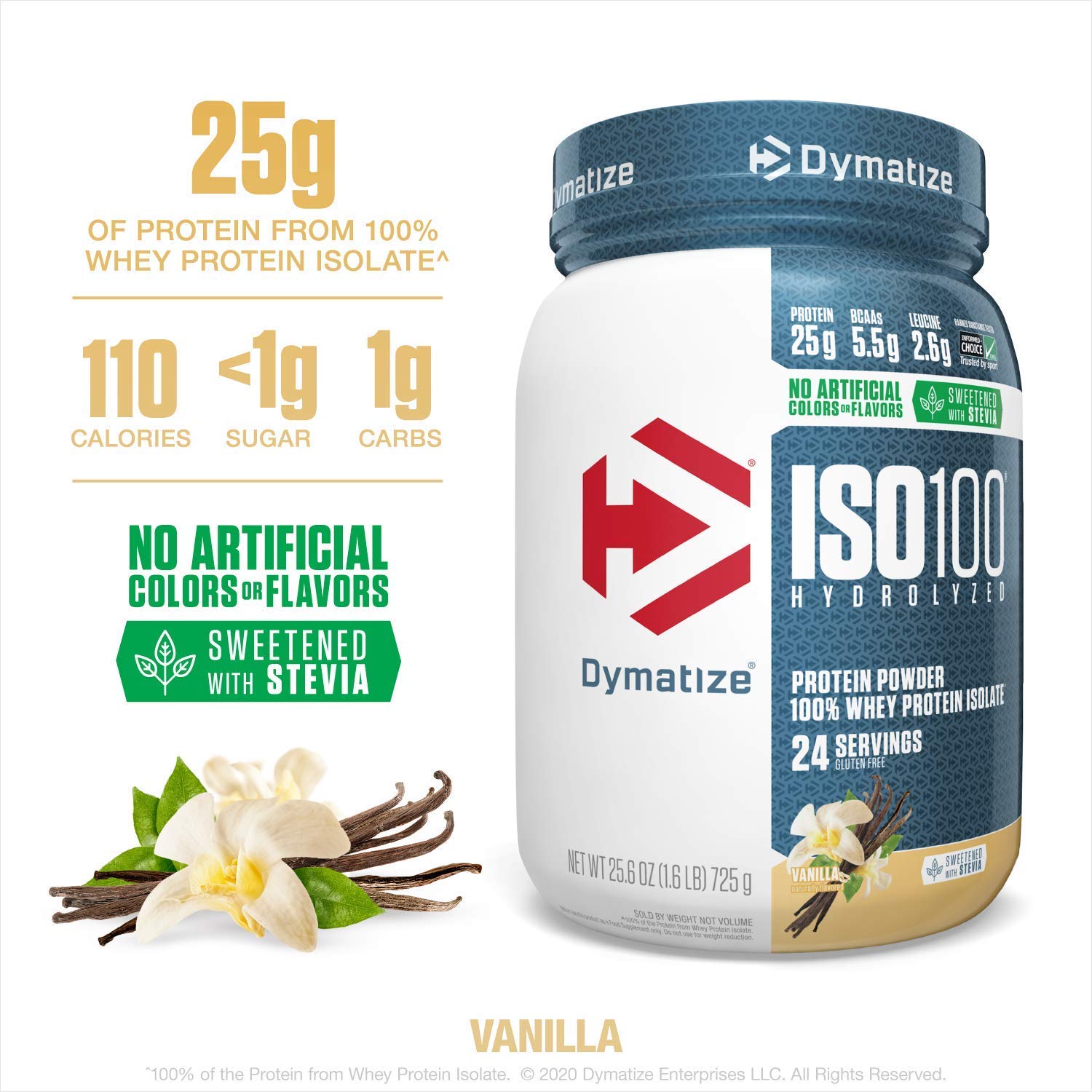 Dymatize ISO100 Hydrolyzed Protein Powder, 100% Whey Isolate Protein, 25g of Protein, 5.5g BCAAs, Gluten Free, Fast Absorbing, Easy Digesting, Natural Vanilla, 1.6 Pound