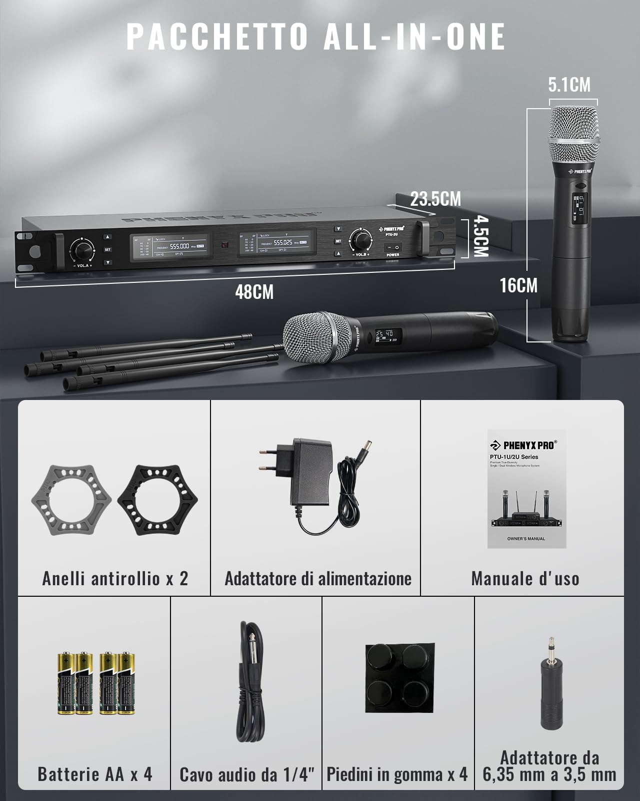 Phenyx Pro Sistema Microfono Wireless UHF a 2 canali PTU-2U-2H | True Diversity, Auto Scan, 2 × 1000 canali, portata 328 ft, sync IR rapido, 2 microfoni dinamici, voce live