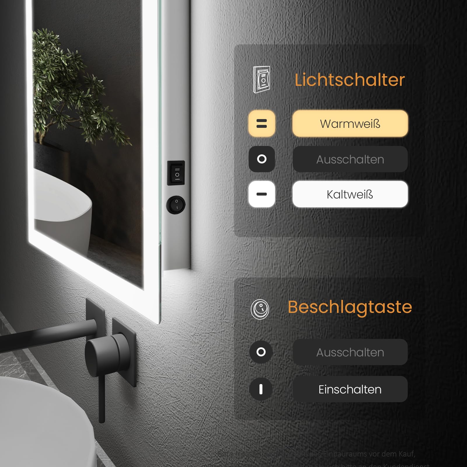 EMKE Badspiegel mit Beleuchtung 120x60cm Badezimmerspiegel mit Antibeschlag, Druckknopfschalter, Warmweißes Licht und Kaltesweißes Licht IP44 energiesparend Badspiegel