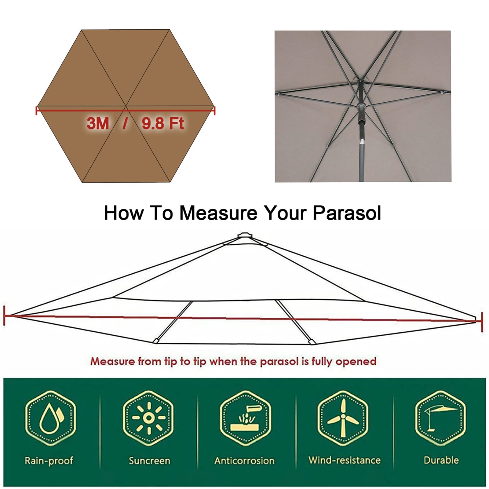 Housse De Rechange pour Parasol - 6 Baleines - 2 M/2,7 M/3 M - Imperméable - Anti-Ultraviolet - Tissu De Rechange (3M / 9.8Ft,Beige)