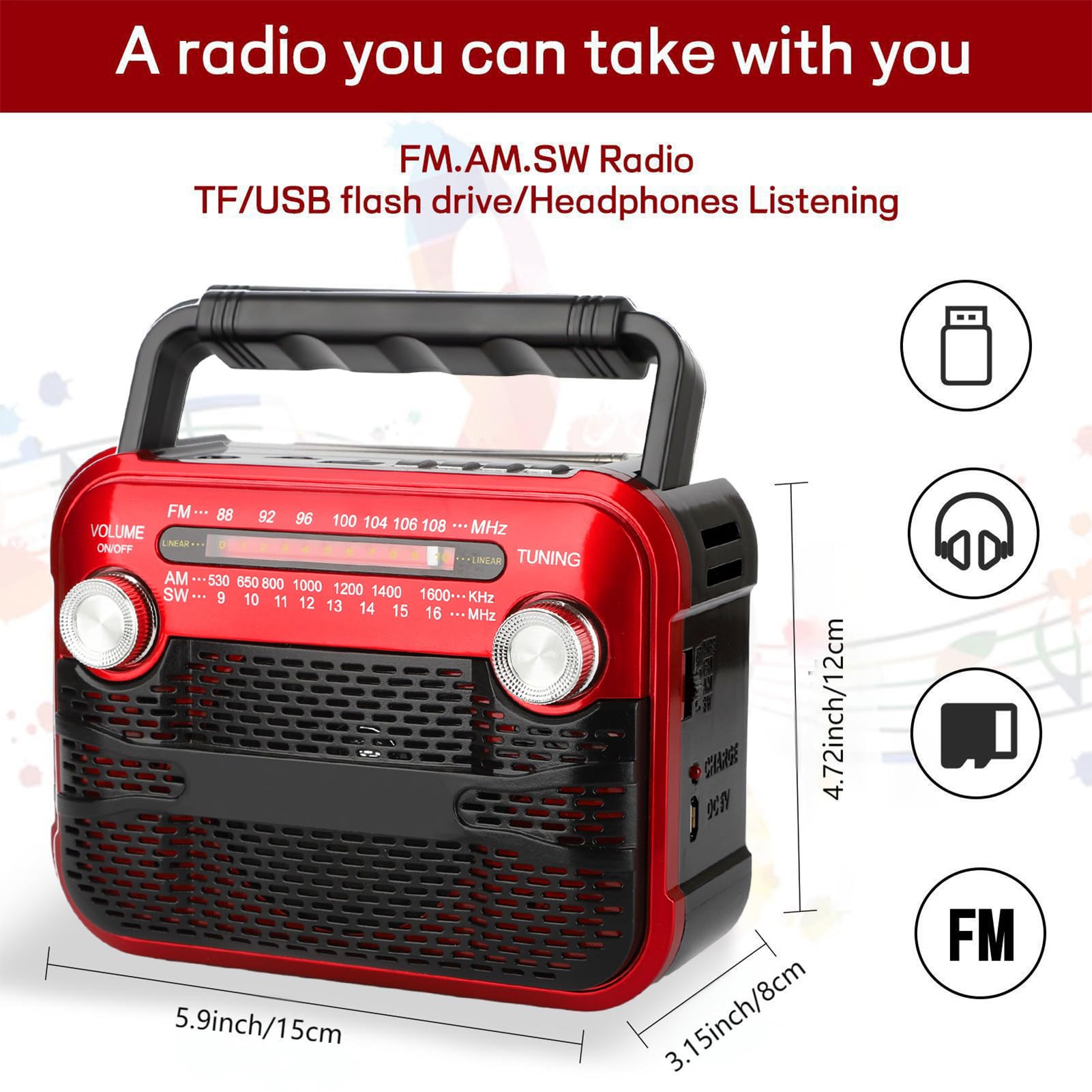 Radio survivalowe, radio solarne 3 W z FM/AM/OC1-6/USB/karta MicroSD/, Multiband FM/AM/OC1-6 z USB/TF/i latarka do bezpieczeństwa rodzinnego i alarmu pogodowego