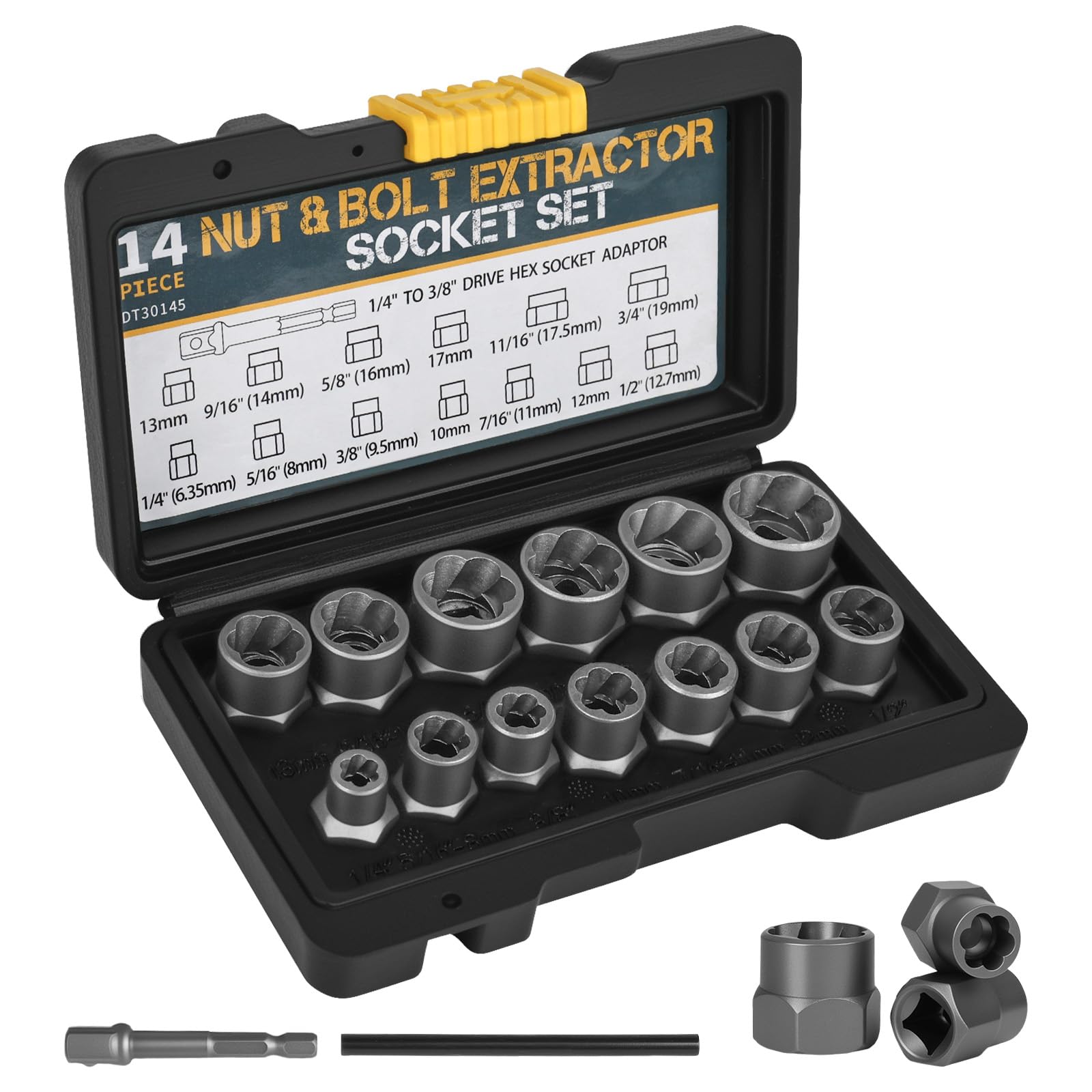 PYserne 14 PCS Bolt Extractor Set, Locking Wheel Nut Removal Tool with Socket Adapter Bar Impact Bolt Lug Nut Remover Kit for Removing Damaged,Rusted,Rounded-Off Bolts