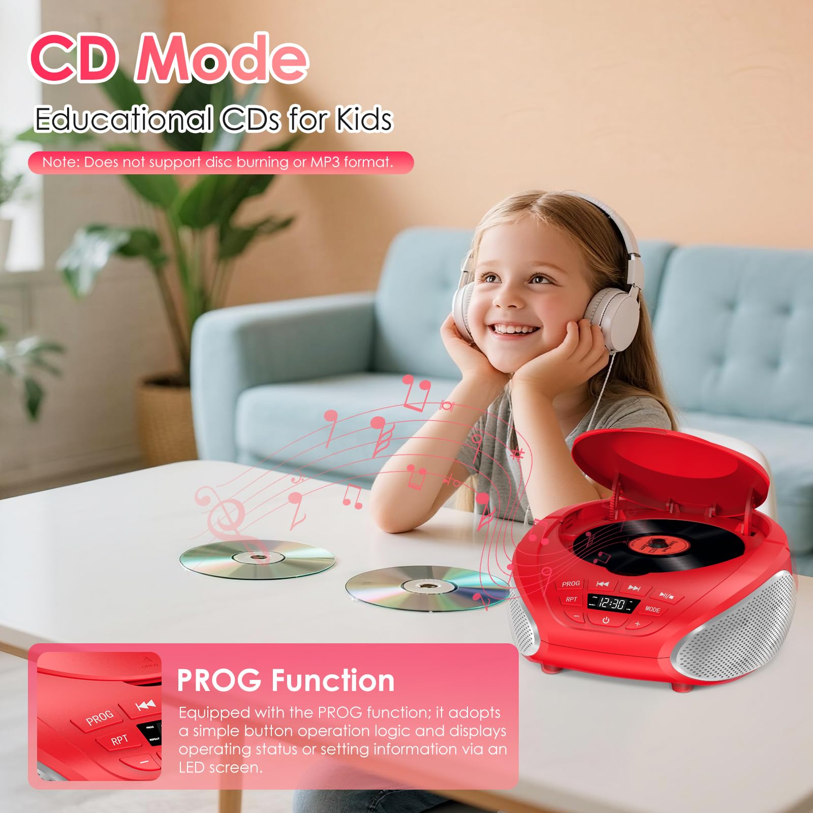 Gueray Tragbarer CD-Player Boombox Kompakt-Radio mit Stereo-Lautsprechern UKW-Radio 3,5-mm-AUX-Eingang, Kopfhöreranschluss und LCD-Display für Innenräume Outdoor Reisen & Hörbücher (Rot)