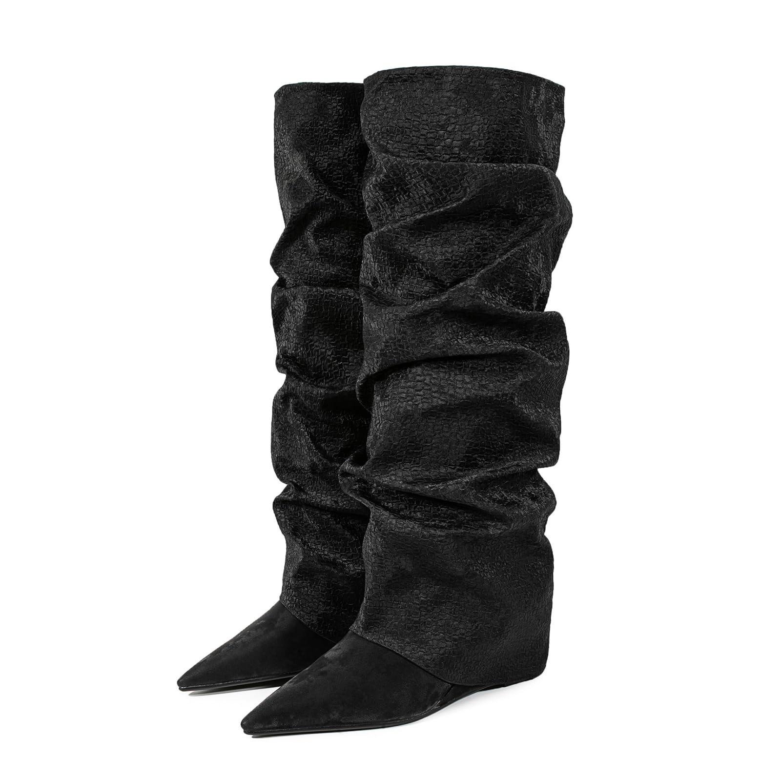 Vujkliy 10CM Womens Foldable Wedge Knee-High Boots Slouchy Pointed-Toe Dress