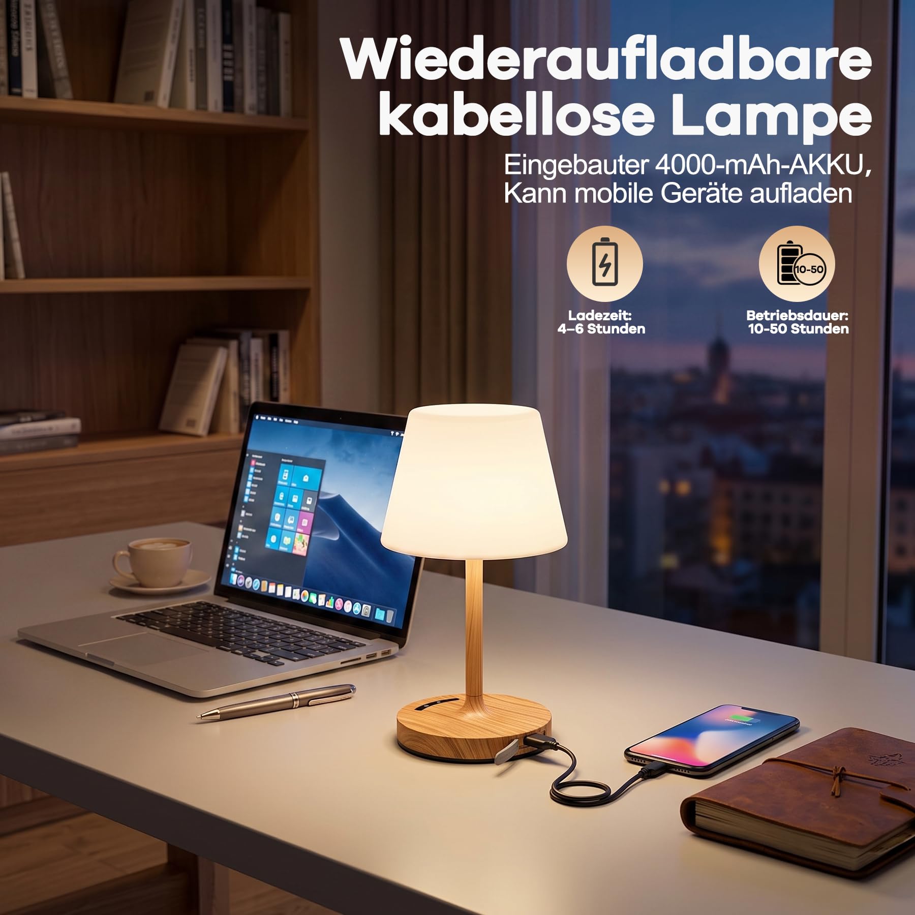 2 Stück Tischlampe Kabellos, 3 Farbtemperatur Nachttischlampe Touch Dimmbar mit Ladefunktion, IP54 Wasserdicht Tischleuchte Kabellos Memory Funktion für Schlafzimmer Esstisch Nachttisch (Holzmaserung)