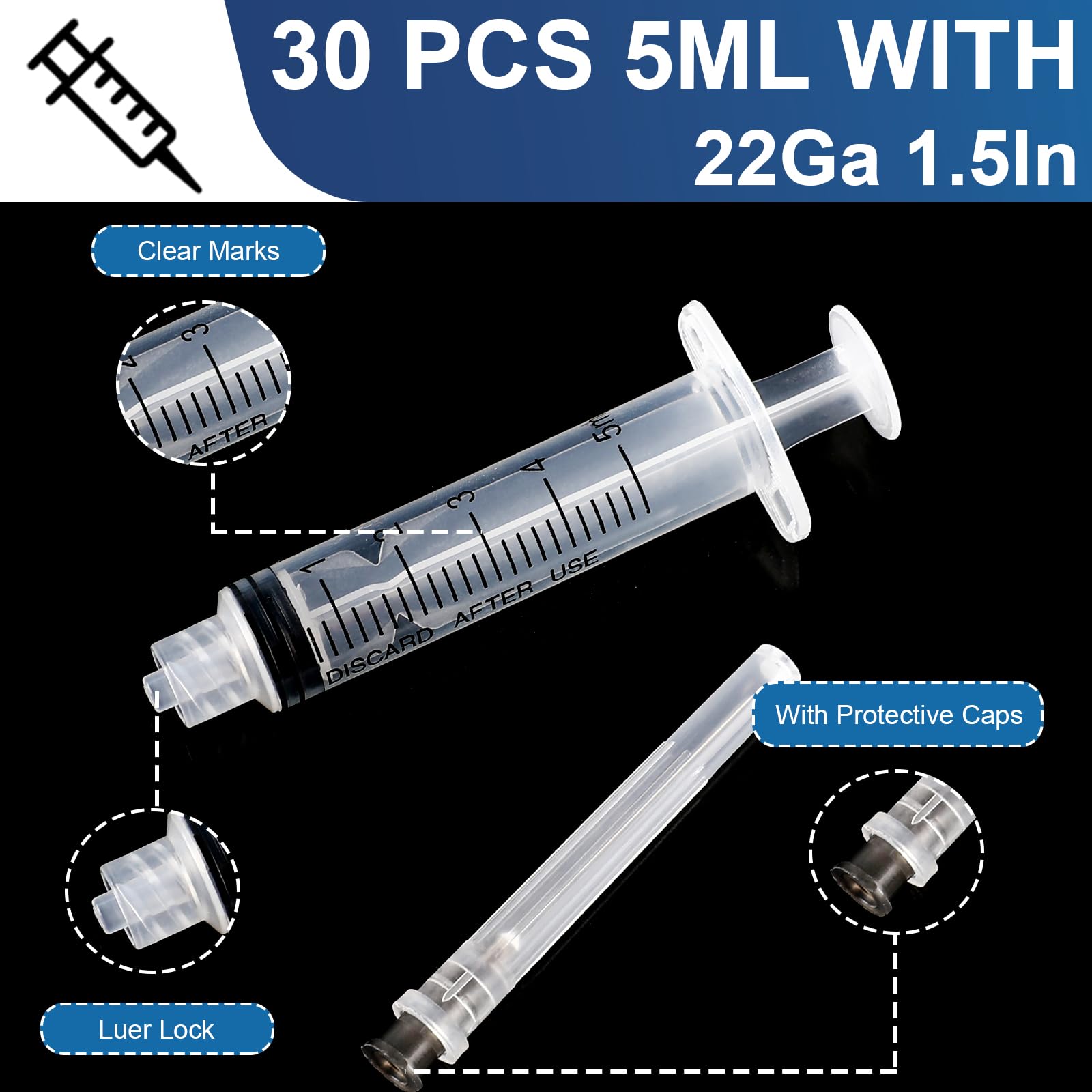 Amazon.com: 30 Pack 5ml Syringes with Needle-22Ga 1.5 Inch Needle