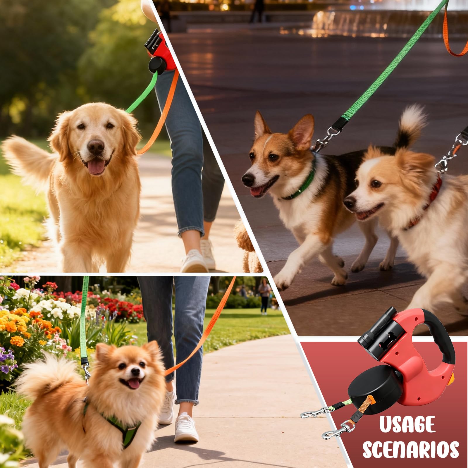 BAIFULAI Guinzaglio retrattile per 2 cani, 3 m, doppio guinzaglio per 2 cani con luce, impugnatura antiscivolo, allungabile, guinzaglio per cani di piccola e media taglia (rosso)