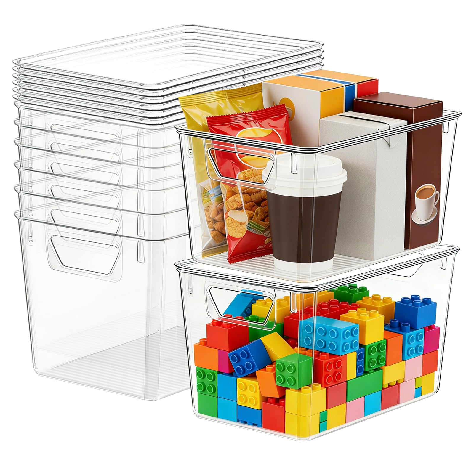 Juego de 6 cajas de almacenamiento con tapa, 29 x 18 x 15 cm, organizadores transparentes para frigorífico, cajas de plástico apilables con asas para cocina, despensa, baño y oficina