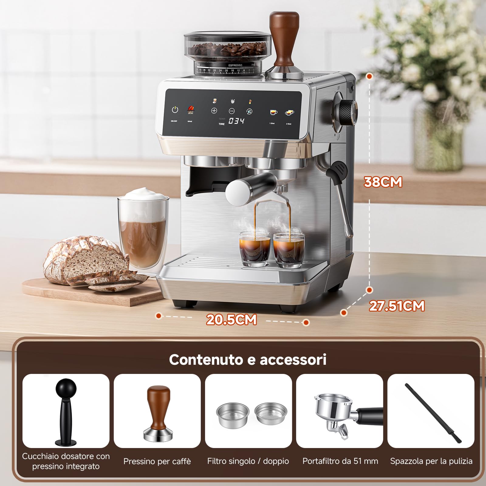 AMZCHEF Macchina Caffè Espresso con Macinacaffè Incorporato, 20 Bar, 44 Livelli di Macinatura, 4 Temperature, Funzione Cold Brew, Lancia Vapore per Latte,Acciaio Inox,1.8L