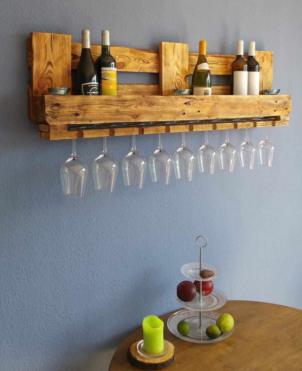 Vintage WEINREGAL Palette Wandregal aus Holz RUSTIKAL Flaschenregal Altholz Wandregal Hängeregal Geschenk Holzregal Wein Bar Gläser Industrial Design