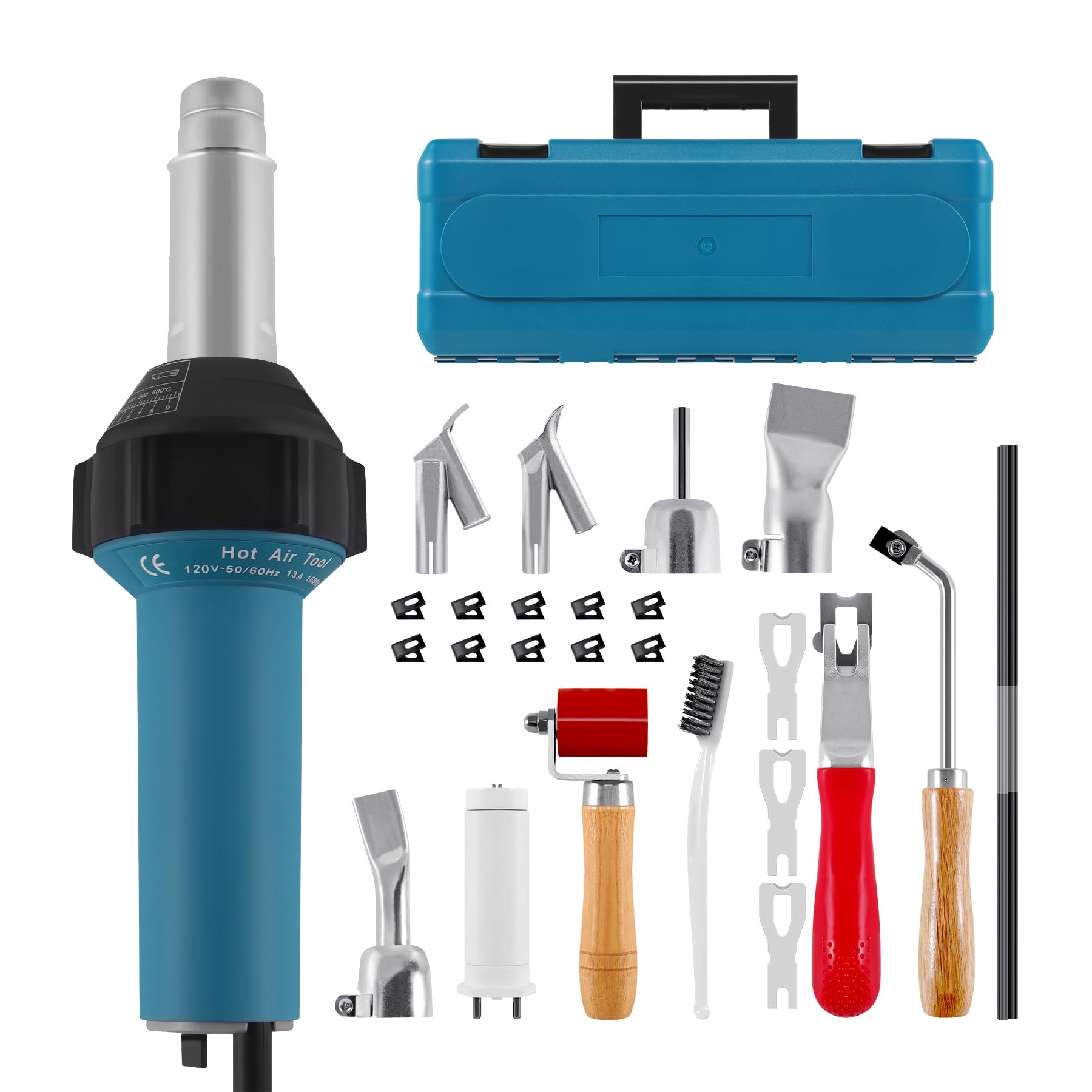 Pistola per saldatura ad aria calda, 1600 W, 220 V, torcia ad aria calda, in plastica, pistola per saldatura, saldatrice a gas caldo con ugelli e aste in PE/PVC, con custodia in plastica e