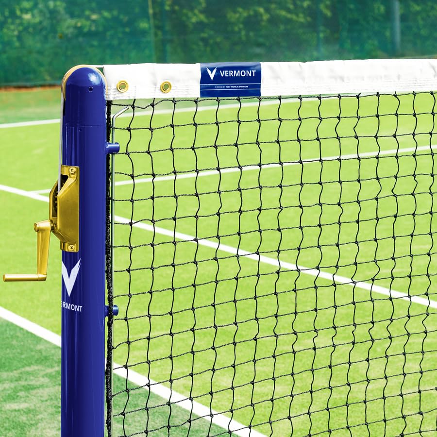 Vermont 42ft Tennis Net Regulation Doubles Size 2mm HDPE Net with PVC Steel Headline Wire, UV Treated Rot-Proof Construction & Quad-Stitched Headband