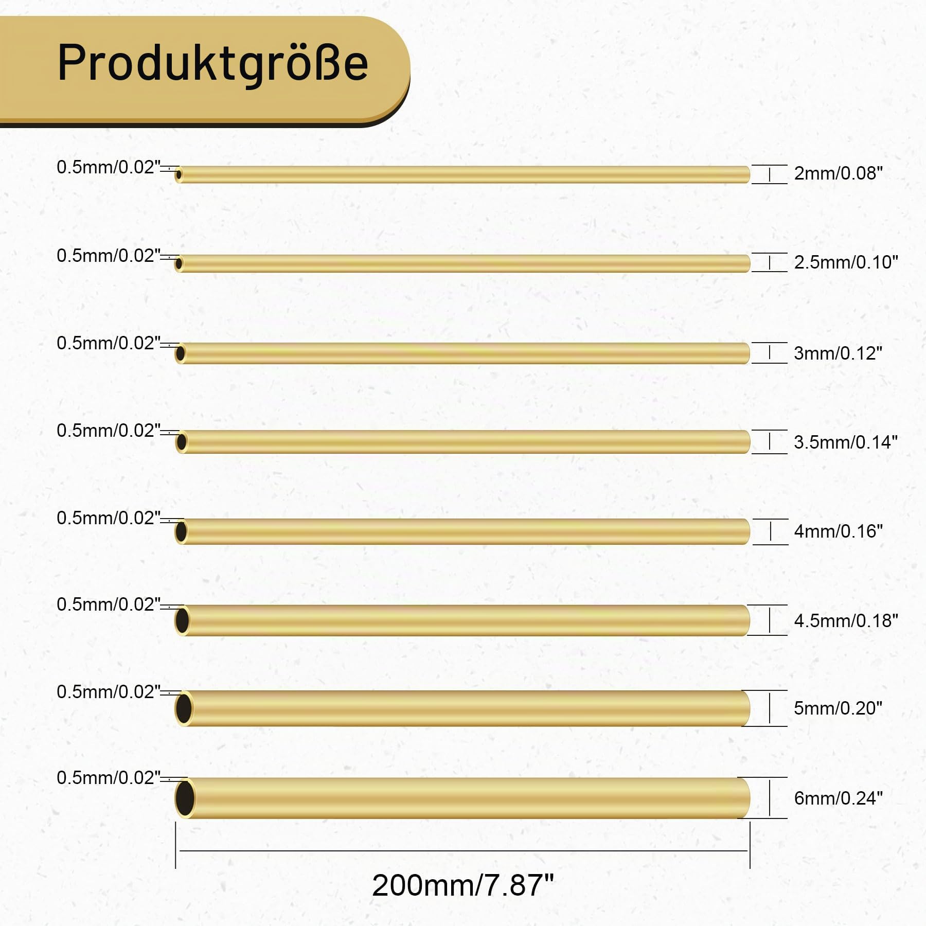 Messingrohr-Set, 8-teilig, nahtlos, gerade, 2 mm, 2,5 mm, 3 mm, 3,5 mm, 4 mm, 4,5 mm, 5 mm, 6 mm Außendurchmesser x 0,5 mm Wandstärke, 200 mm Länge, Messingrohrrohre