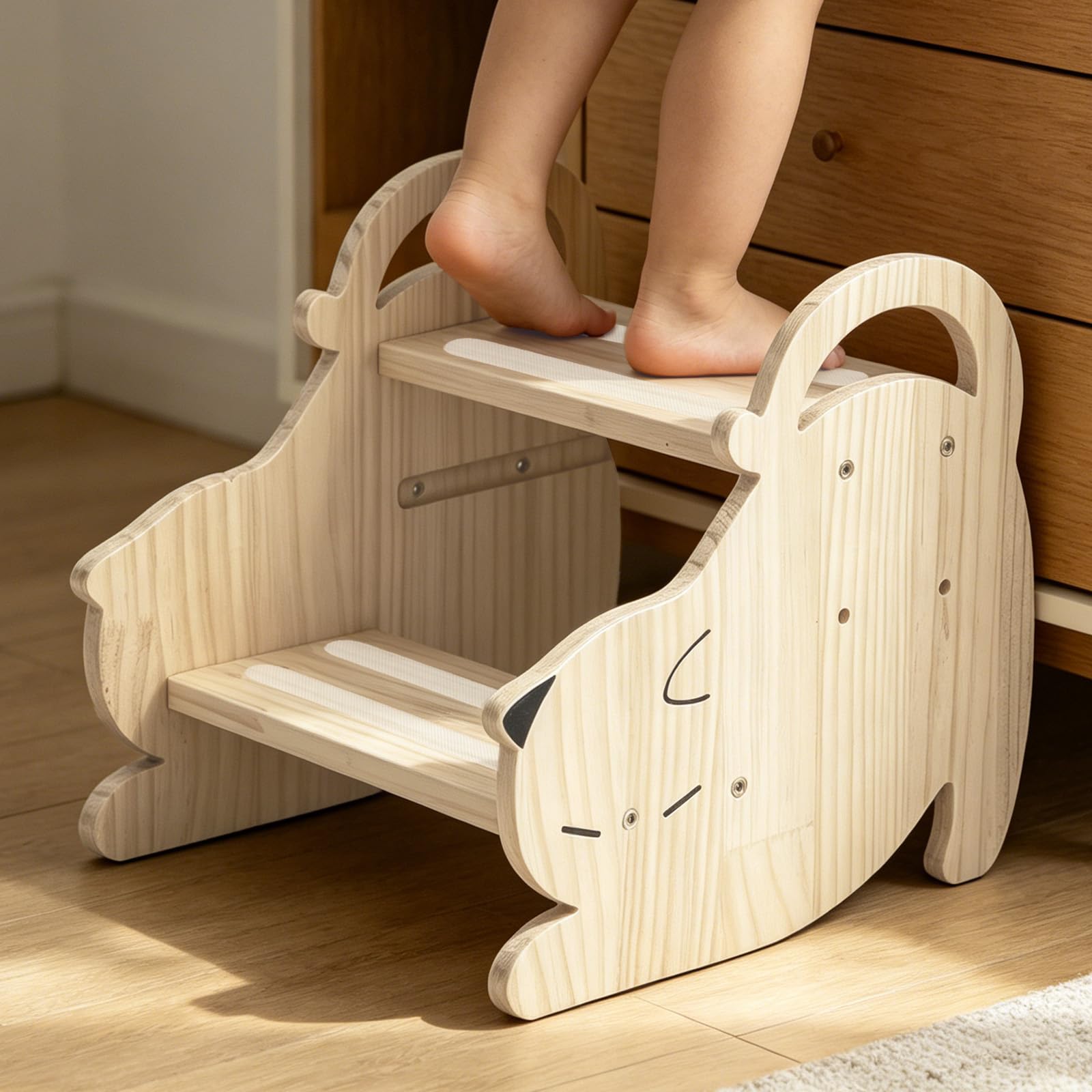 Marchepied pour Enfant, Antidérapant Portables Tabouret Marche Pied Bois 2 Marches Stable Marche Pied Enfant Charge Maximale 150kg, Deux Hauteurs Réglables, pour Salle de Bain et Cuisine, Chat