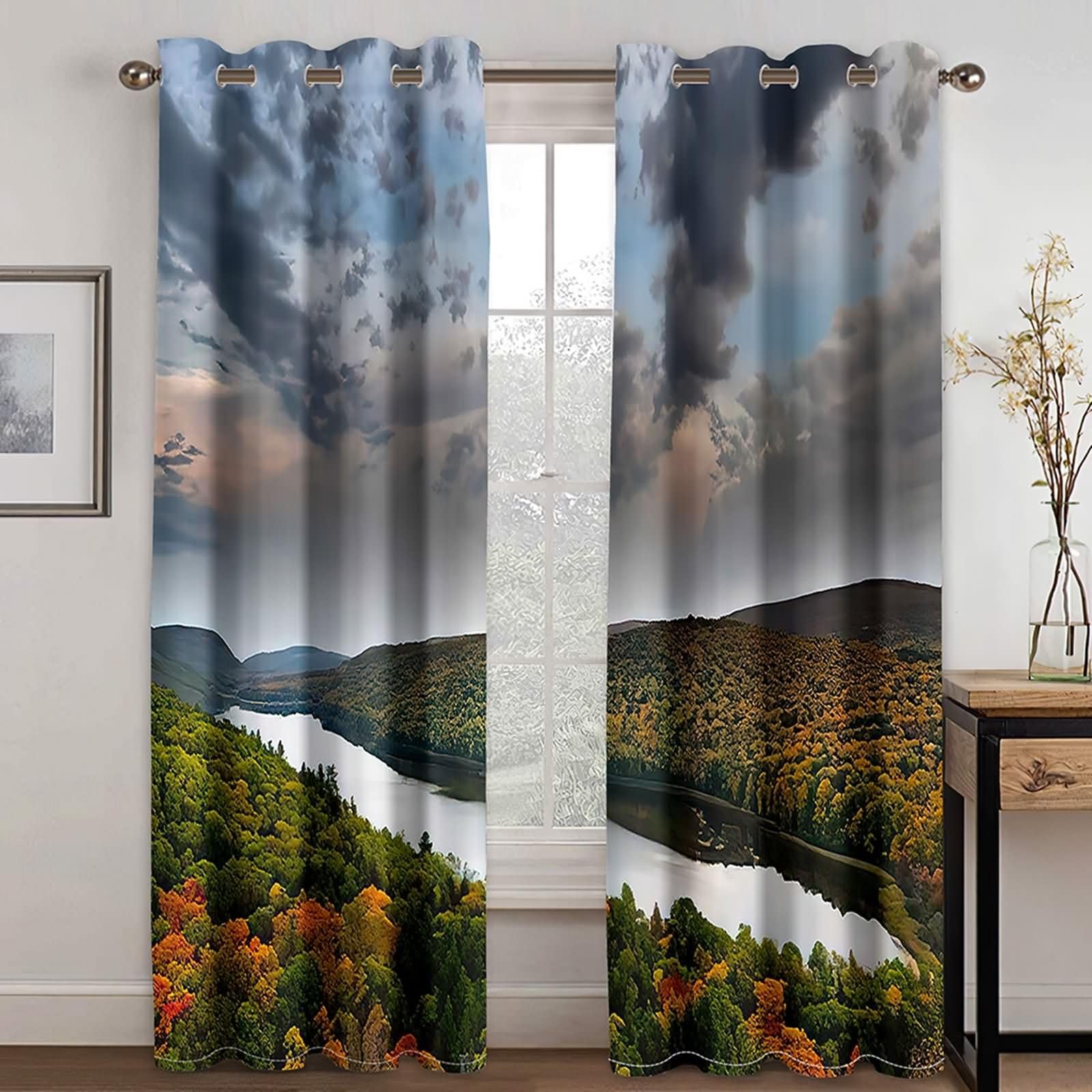 2er Set Gardine Blickdicht Verdunkelung,2 x 152W x 214H cm,Vorhänge Wohnzimmer mit Ösen Fluss und Baumlandschaft Grün Grau Gardinen für Schlafzimmer Modern