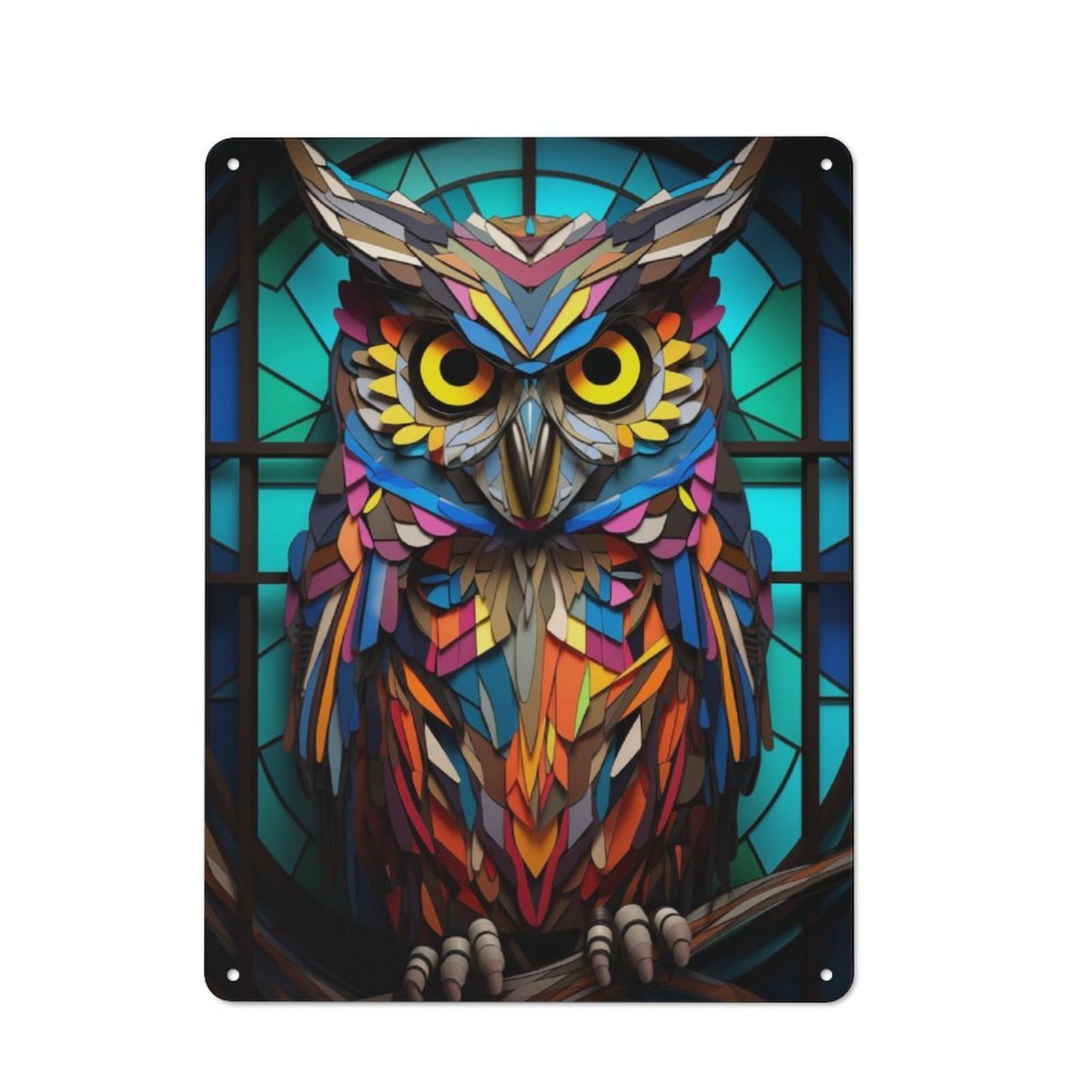 Junmoney Owls Vision Stained Glass Metal Plaque 40X30cm With For Hallway Wall, Retro Decor, For Themed Interiors In Hallways And Entrance Areas
