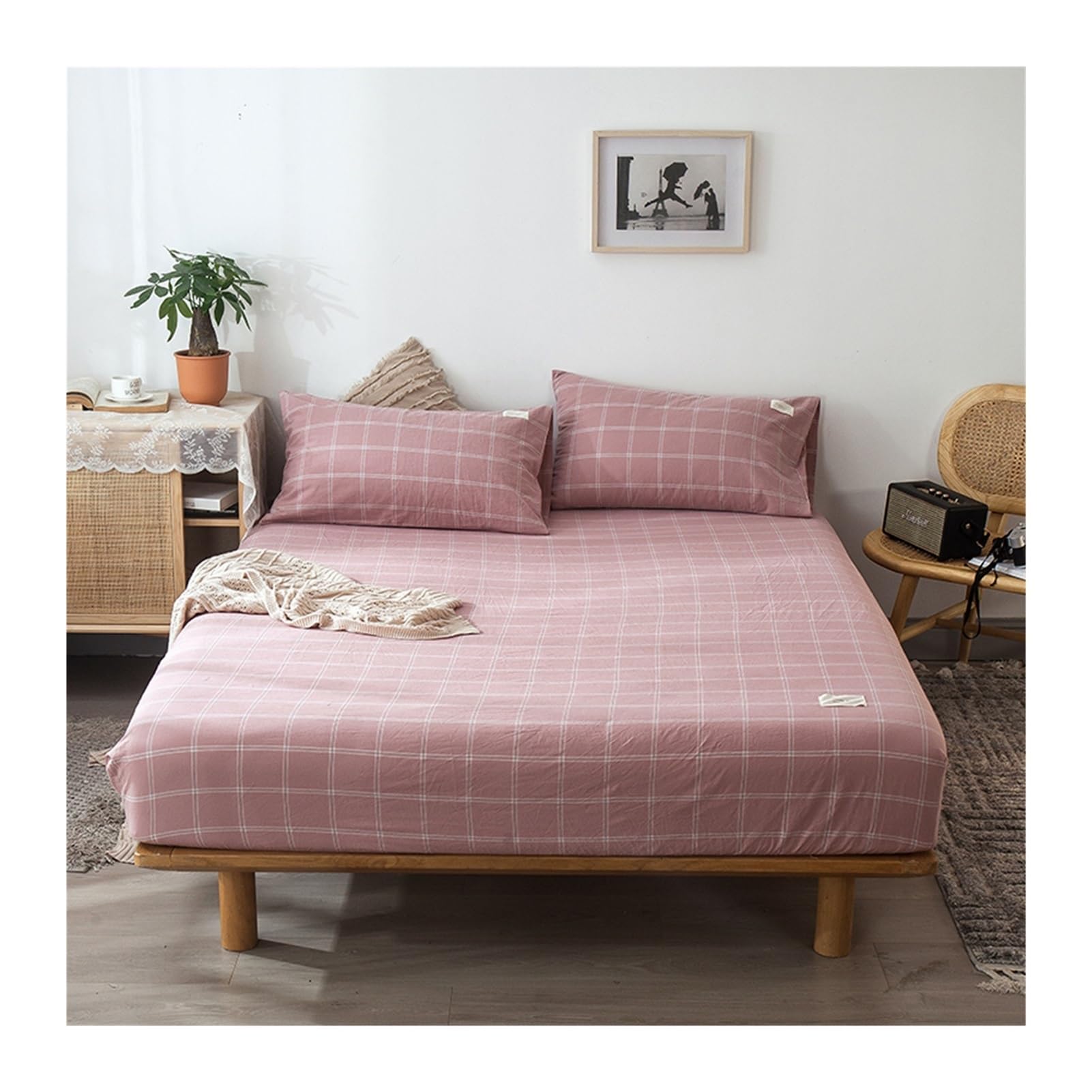 Lenzuolo con angoli in 100% cotone lavato, per letto matrimoniale XL e matrimoniale, morbido e traspirante, solo con tasca profonda 20 cm (rosa, lenzuolo con angoli per letto singolo)