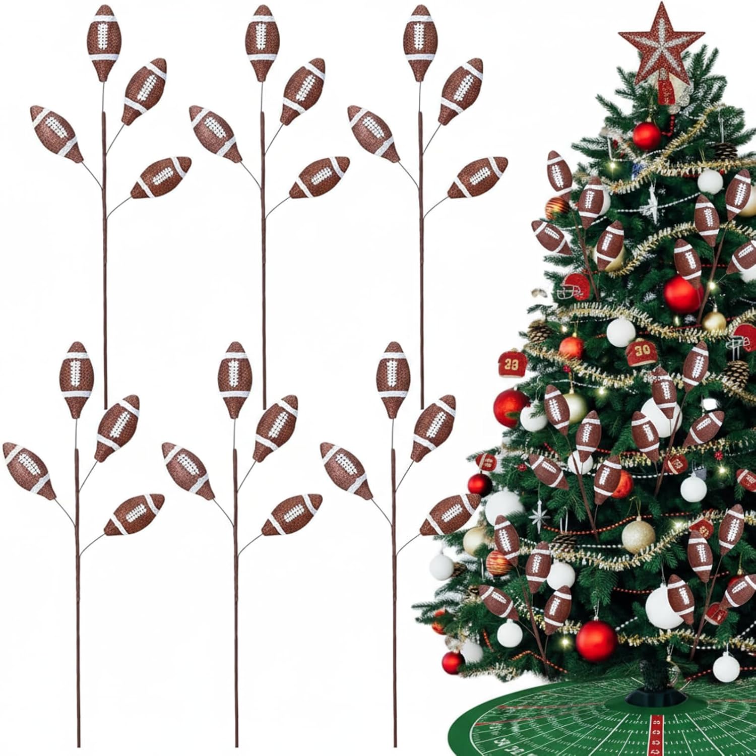 GlikCeil 6 Pcs Football Christmas Tree Picks Decoration Xmas Balls Sports Theme Football Decoration for Xmas Tree Topper Decor Home Vase Filler Craft Wreath Holiday Party Ornament Garland