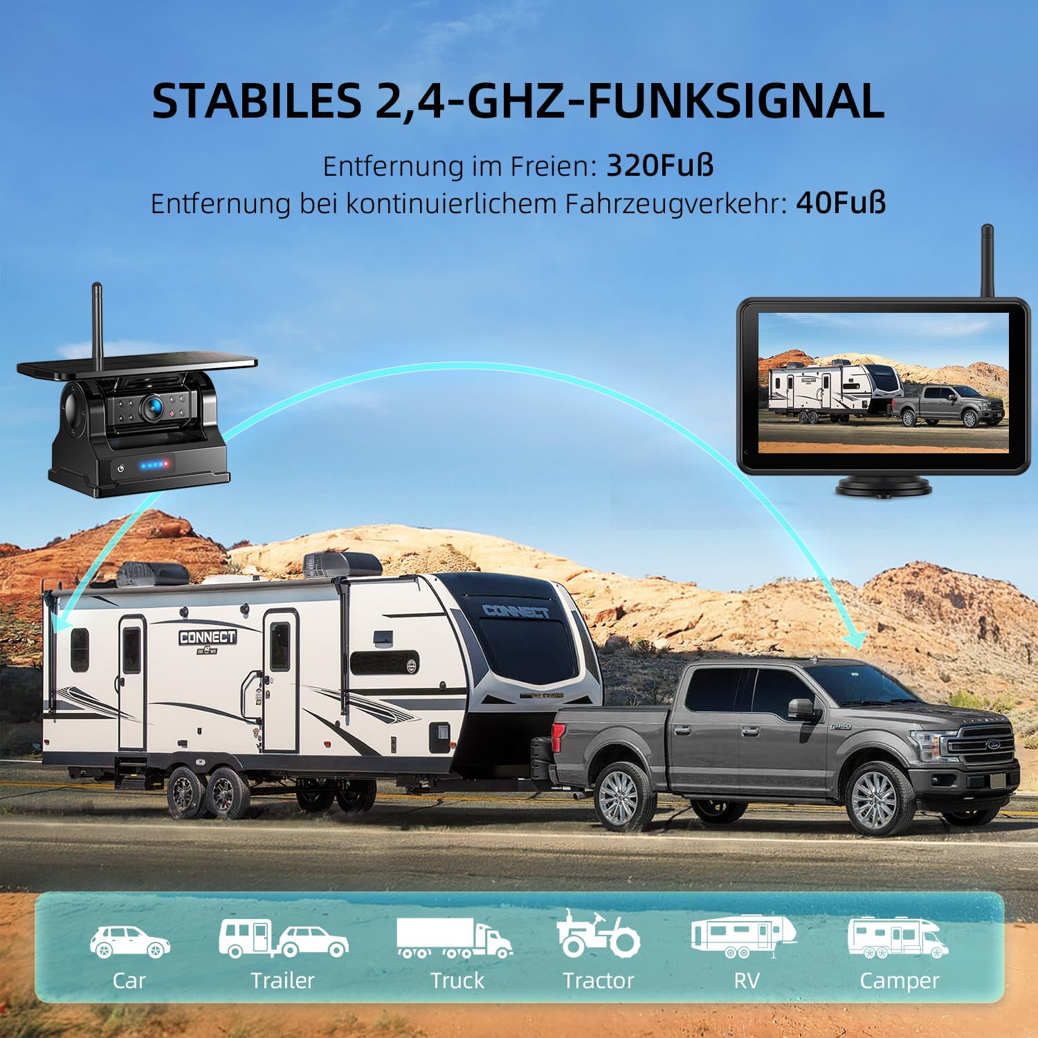 eRapta 2 Magnetisch Solar Rückfahrkamera Kabellos 7" 1080P Touchscreen Monitor 12000mAh Akku IP69K Wasserdicht für Wohnmobil Wohnwagen LKW