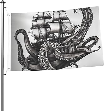 Black and White Octopus and Ship Flag 2x3 Ft Outdoor Banner Holiday Garden Flag Welcome Yard Banners Home Garden Yard Lawn Decor Flags Indoor/Outdoor Double Sided Print Flags